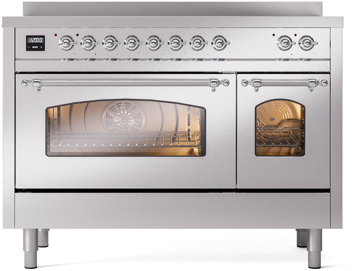 Stainless steel induction electric range with both oven doors closed and interior lights on