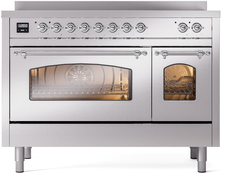 ILVE Nostalgie II 48-Inch Freestanding Electric Induction Range in Stainless Steel with Chrome Trim (UPI486NMPSSC)