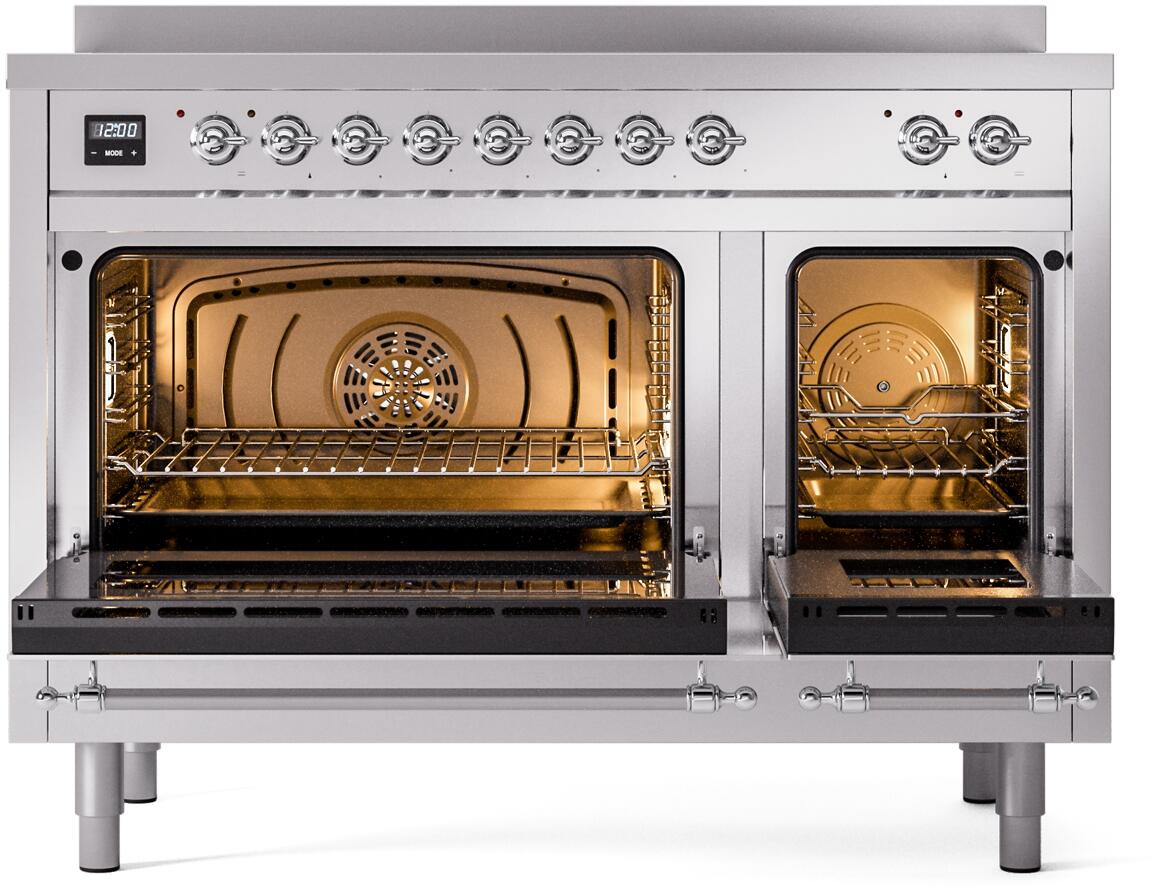 Stainless steel freestanding electric induction range with two open oven doors and racks