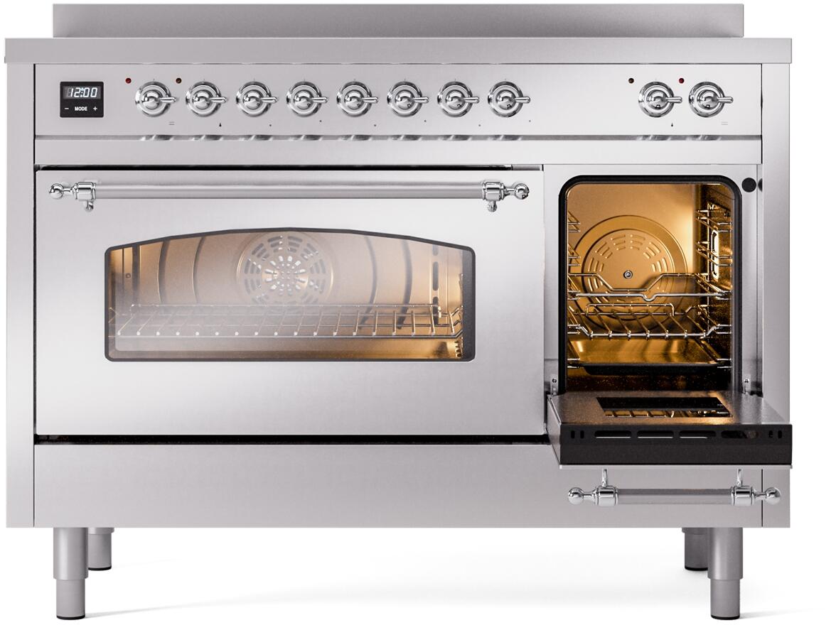 Stainless steel induction electric range with front oven door open, showing rack and fan
