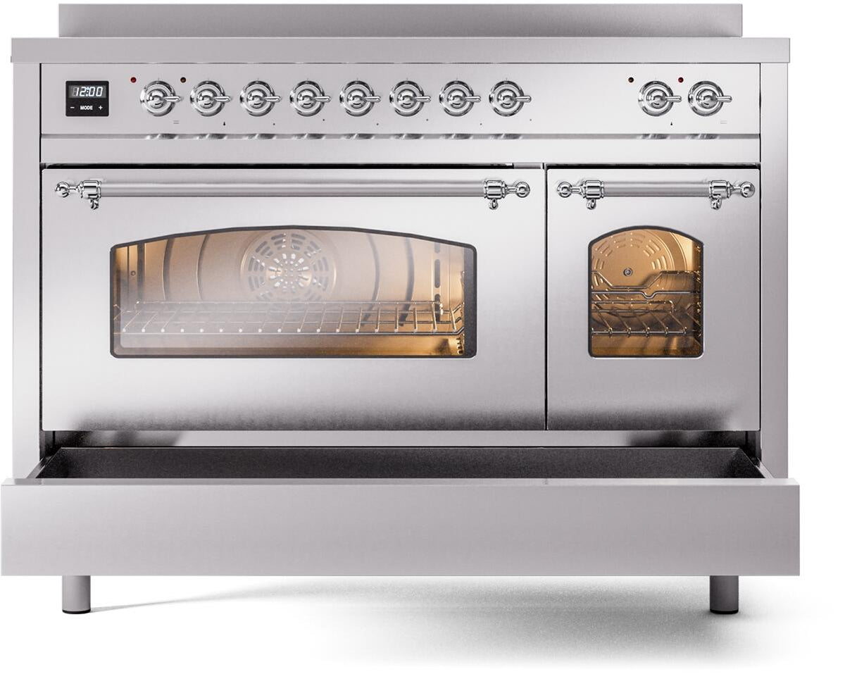 Stainless steel induction electric range with large window oven door and smaller side oven window
