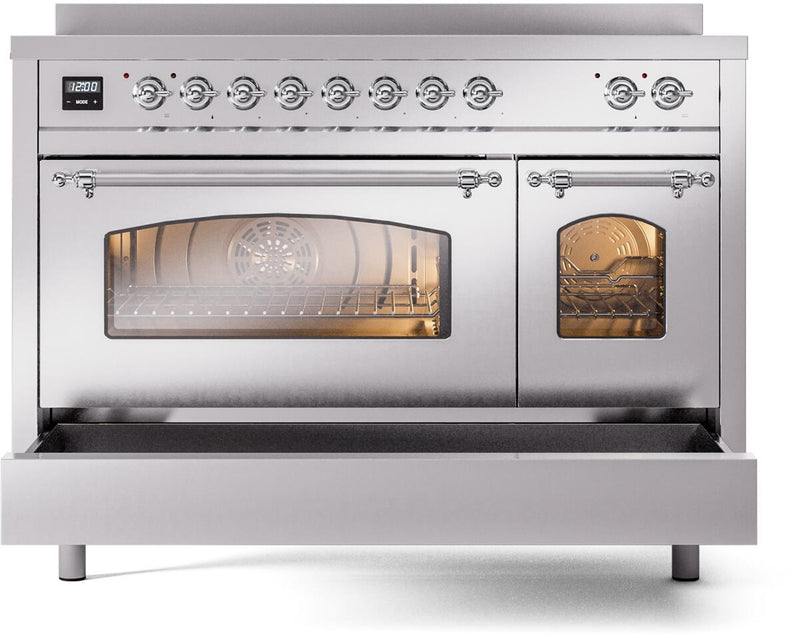 ILVE Nostalgie II 48-Inch Freestanding Electric Induction Range in Stainless Steel with Chrome Trim (UPI486NMPSSC)