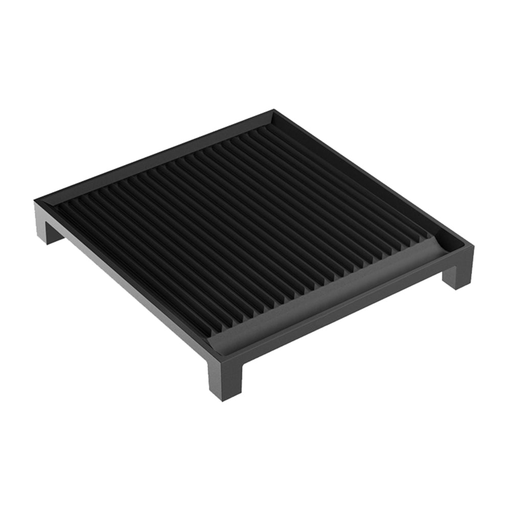 Ribbed cast iron griddle, dark gray/black with side walls and corner feet