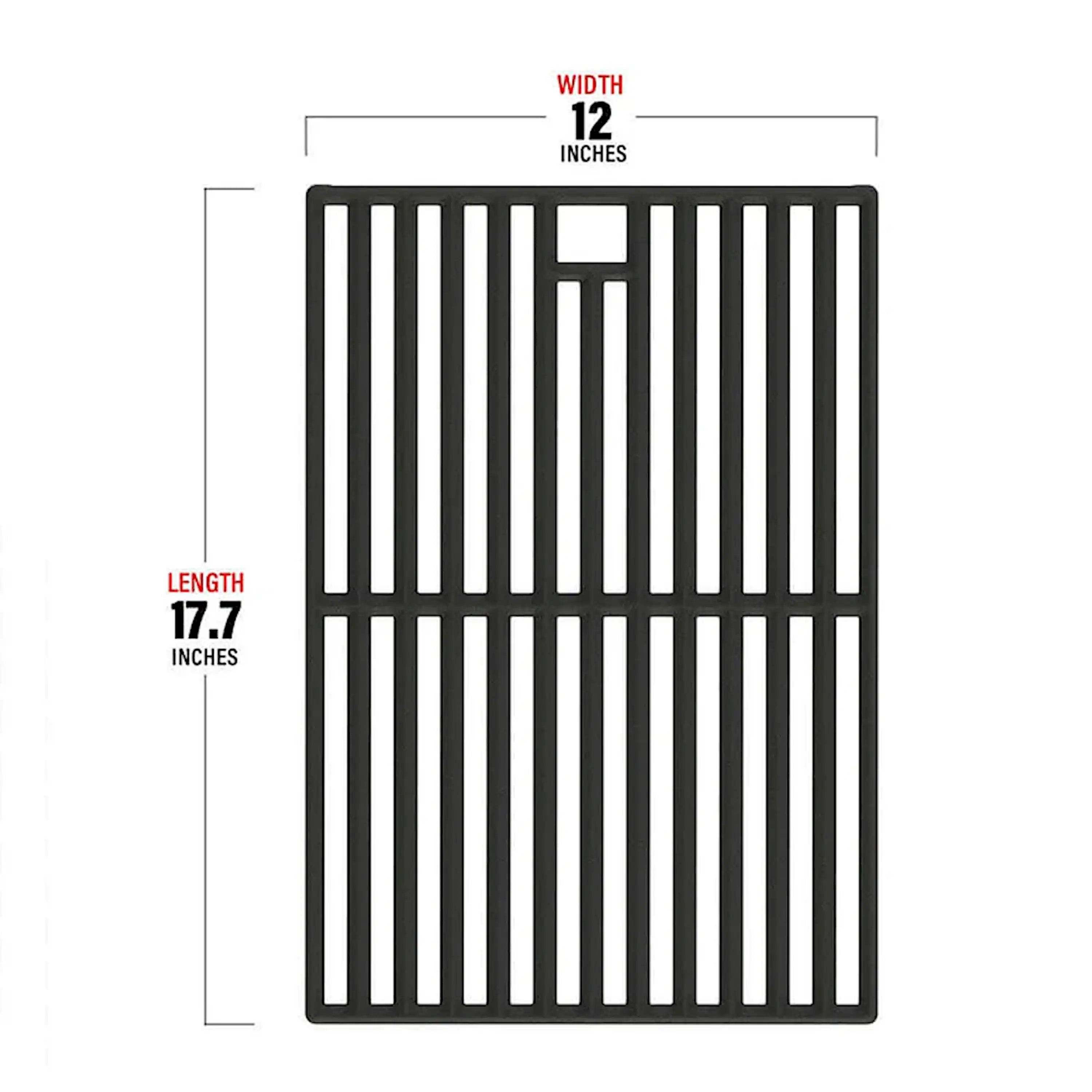 Cast iron grill grate dimensions: 12 in wide, 17.7 in long