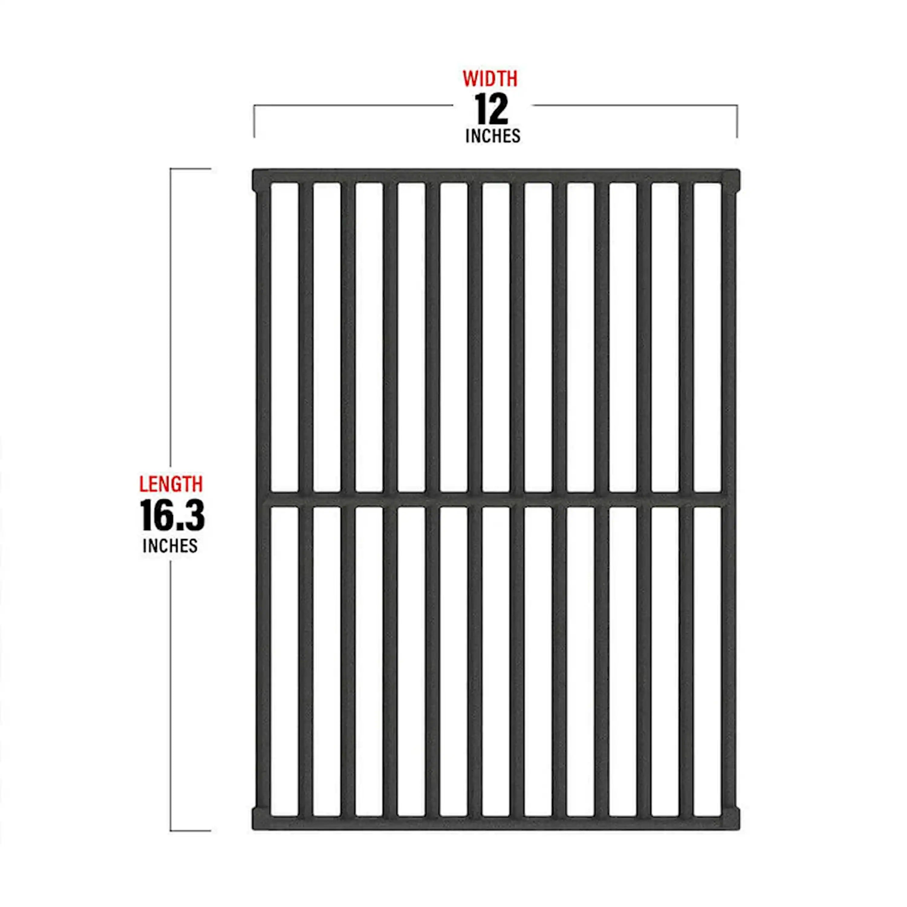Black cast iron grill grate dimensions: 12 in wide, 16.3 in long