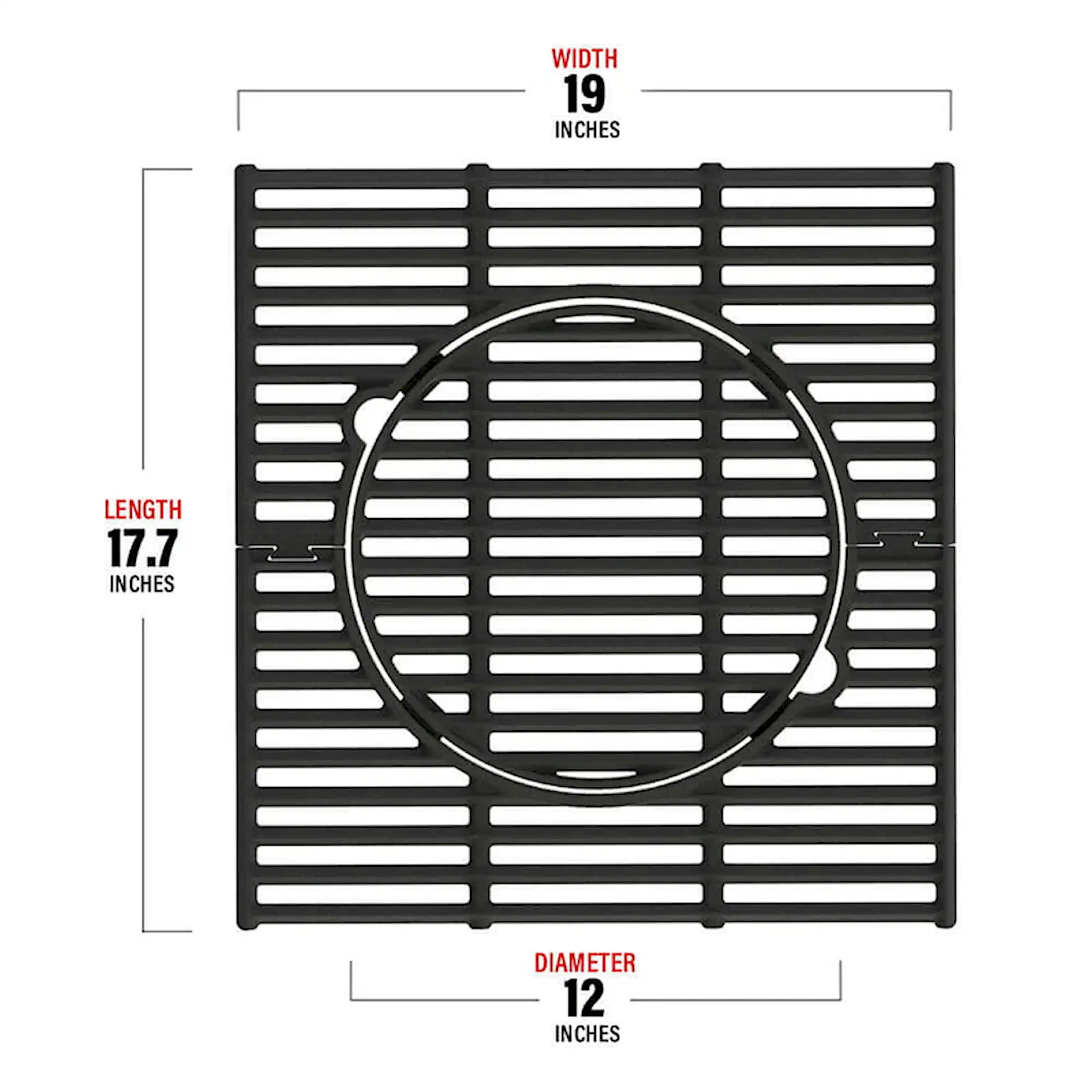 Black cast iron grill grate with circular center ring and horizontal bar pattern