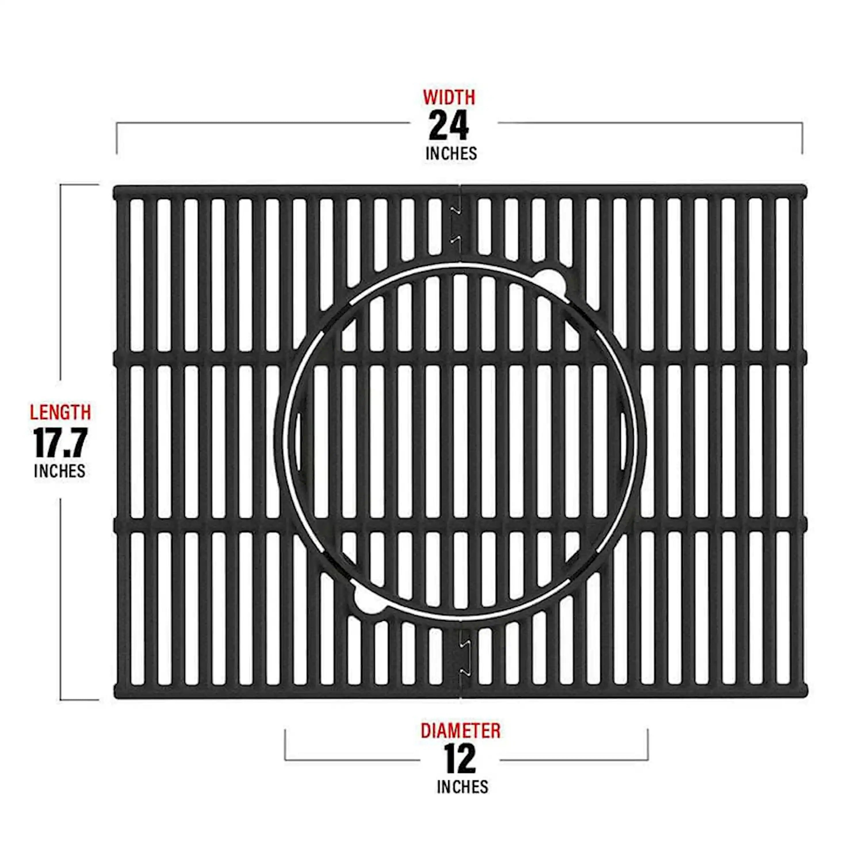 Cast iron grill grate insert dimensions: 24 in wide, 17.7 in long, 12 in diameter