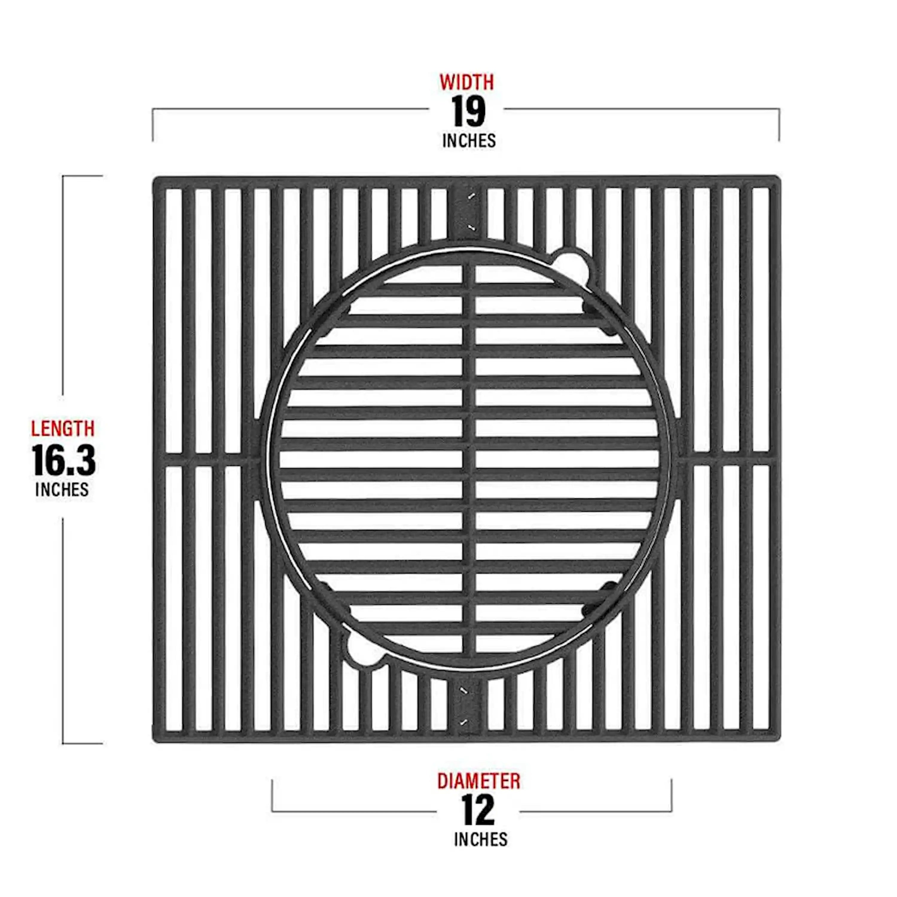 Black cast iron grill grate dimensions: 19 in wide, 16.3 in long, 12 in diameter