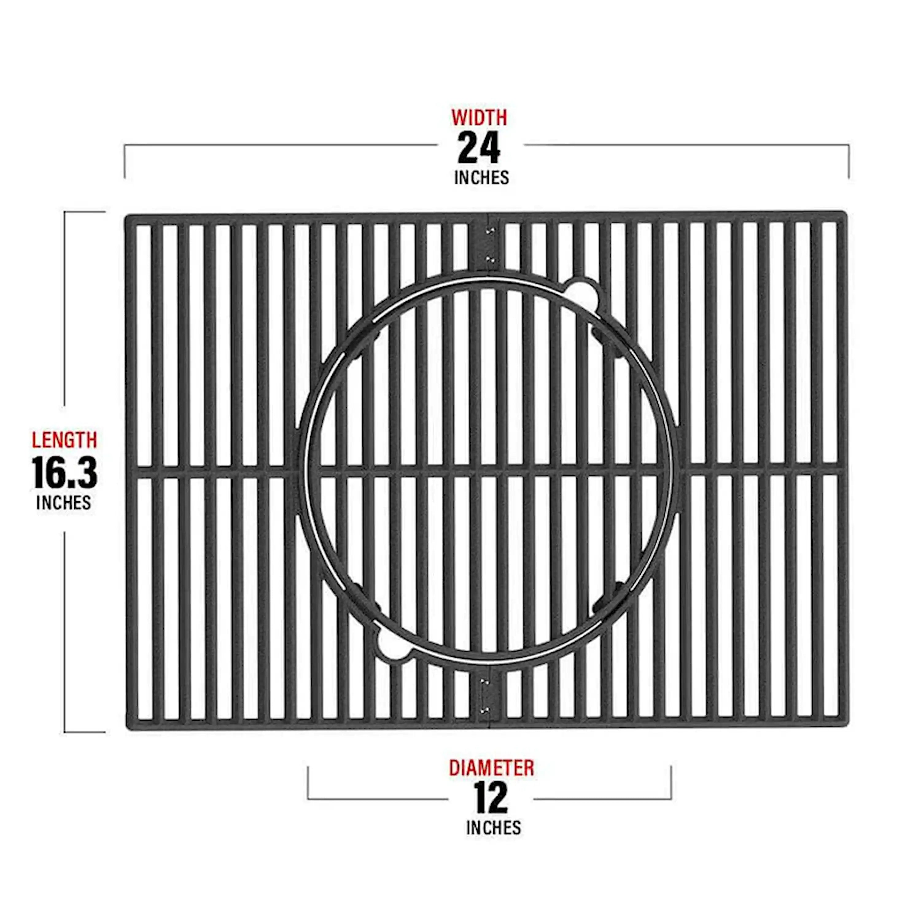 Black cast iron grill grate insert with circular opening and bar grid pattern