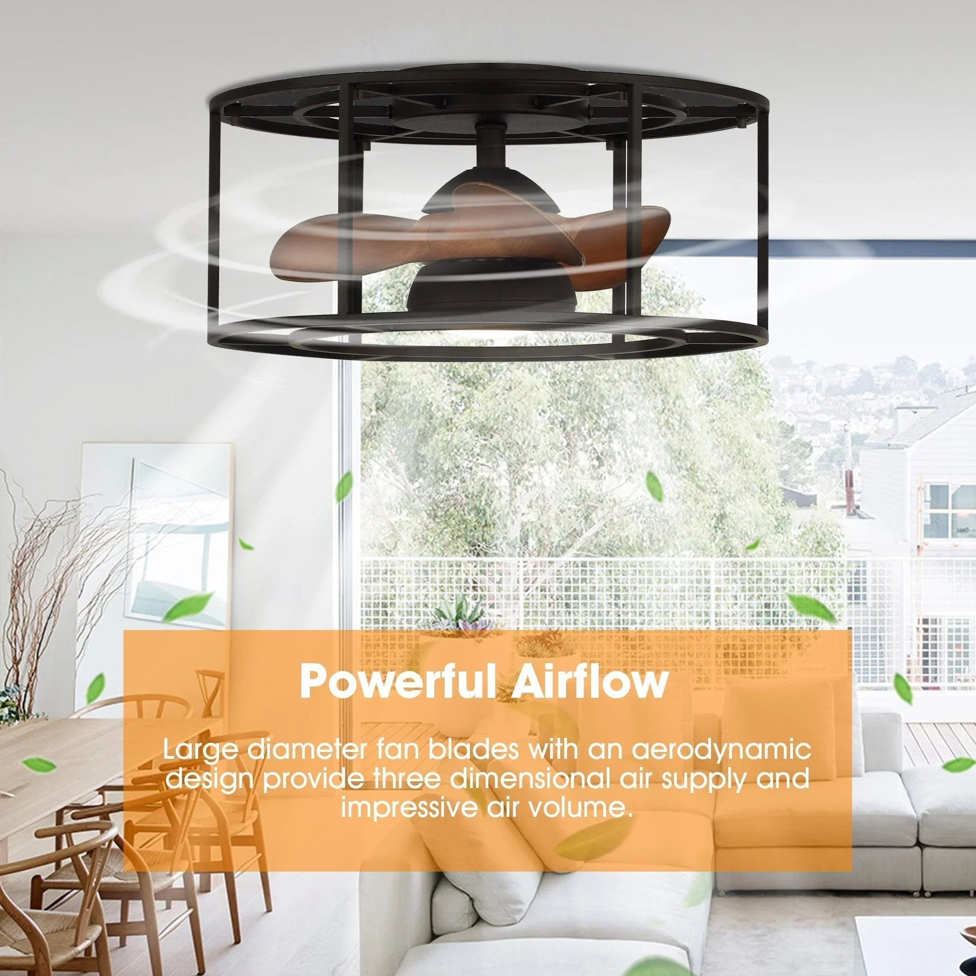 Black flush-mount ceiling fan with brown blades and integrated LED lighting