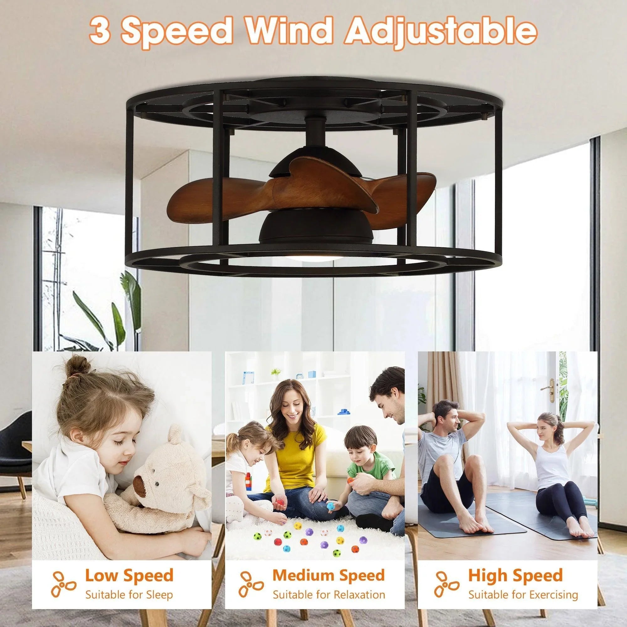 Black flush-mount ceiling fan with LED light and bronze reversible blades, 3-blade cage