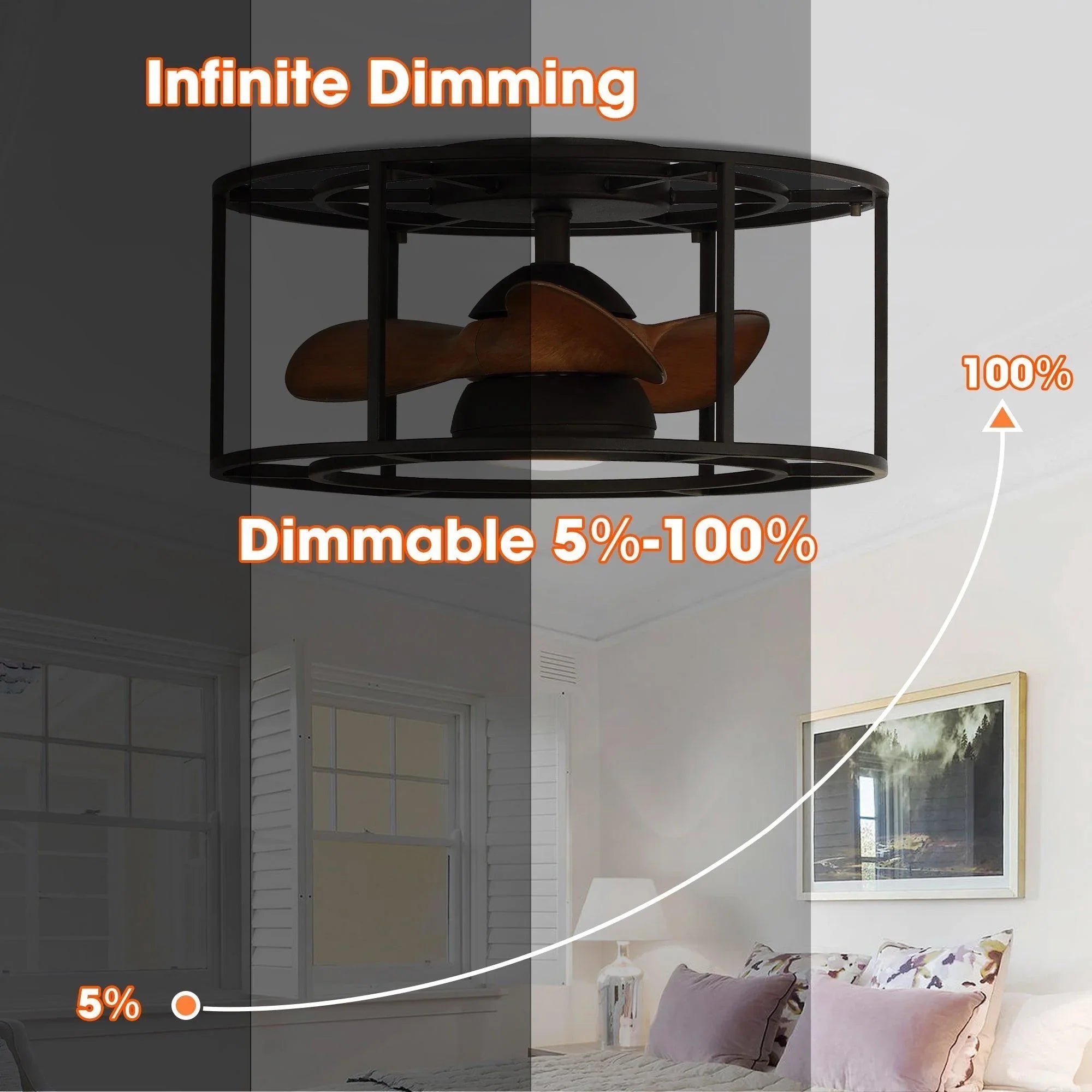 Black industrial ceiling fan with dimmable LED and brown reversible blades