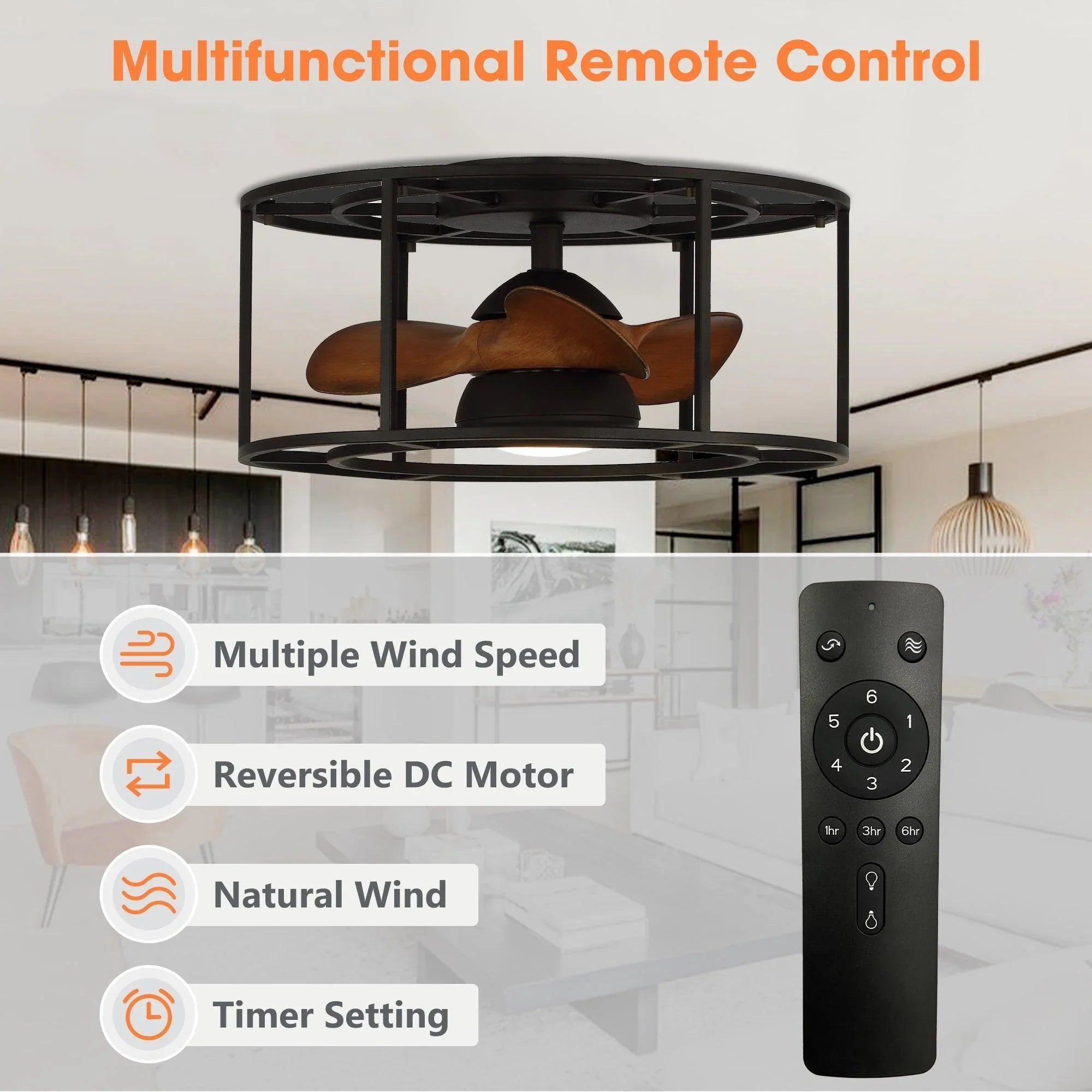 Black ceiling fan with brown blades and a handheld remote control