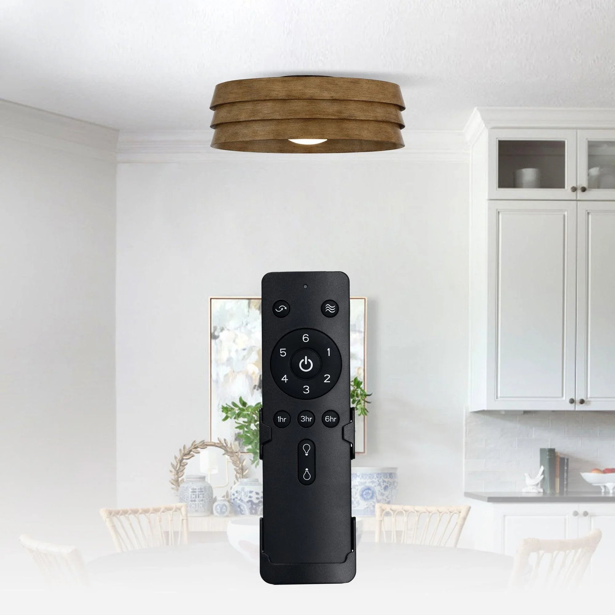 Brown flush mount ceiling fan with LED light and black remote control