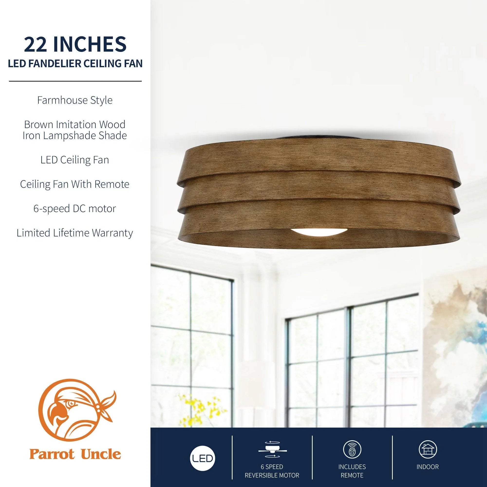 Brown 22-inch farmhouse LED ceiling fan with remote-control graphics and wood-look shade