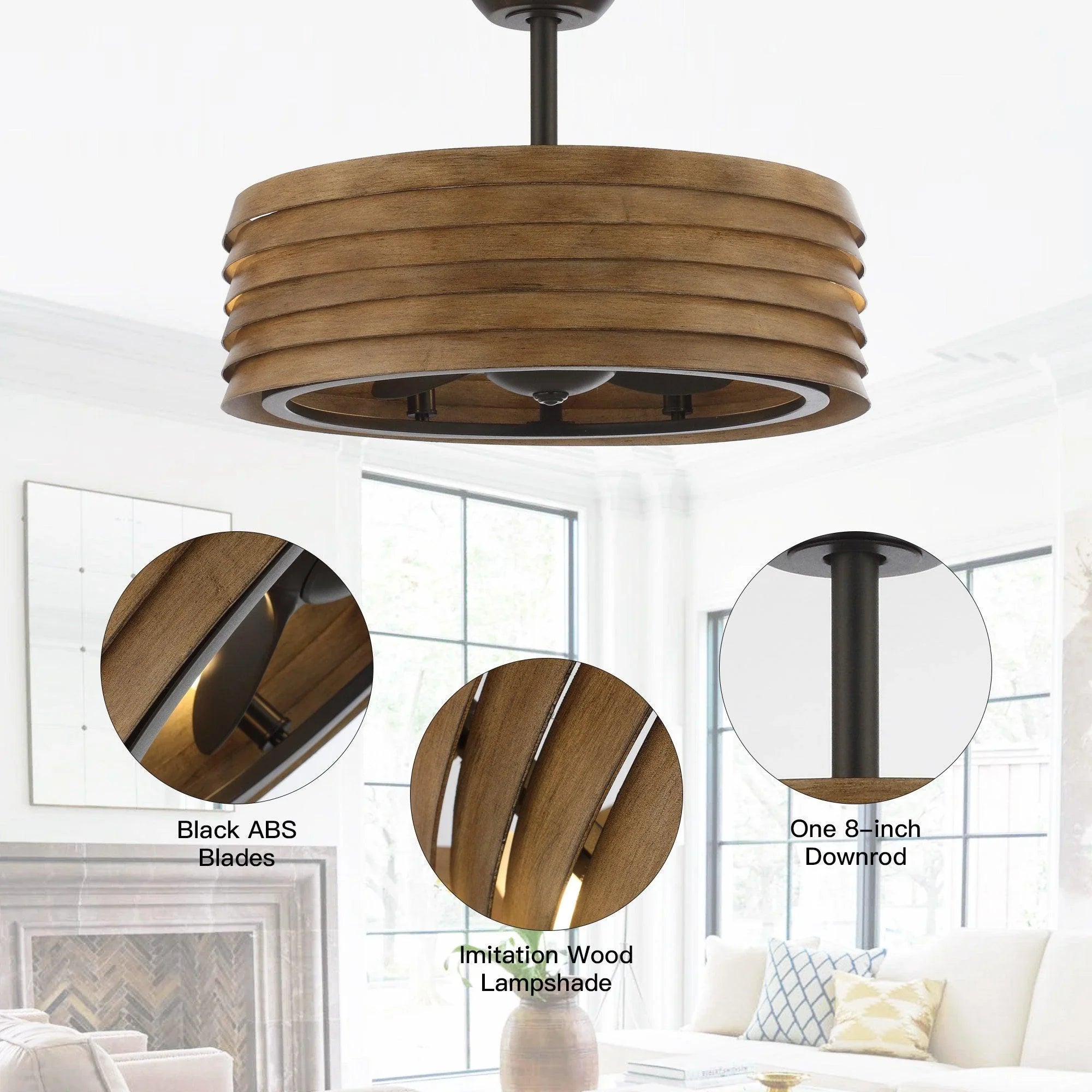 Brown ceiling fan with reversible wood-look blades, integrated light, and downrod mount