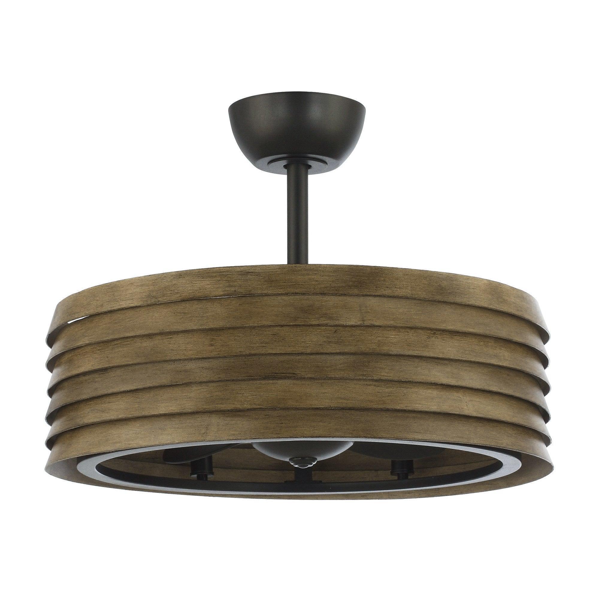 Farmhouse ceiling fan with reversible fandelier blades, brown wood-look finish and dark motor hub