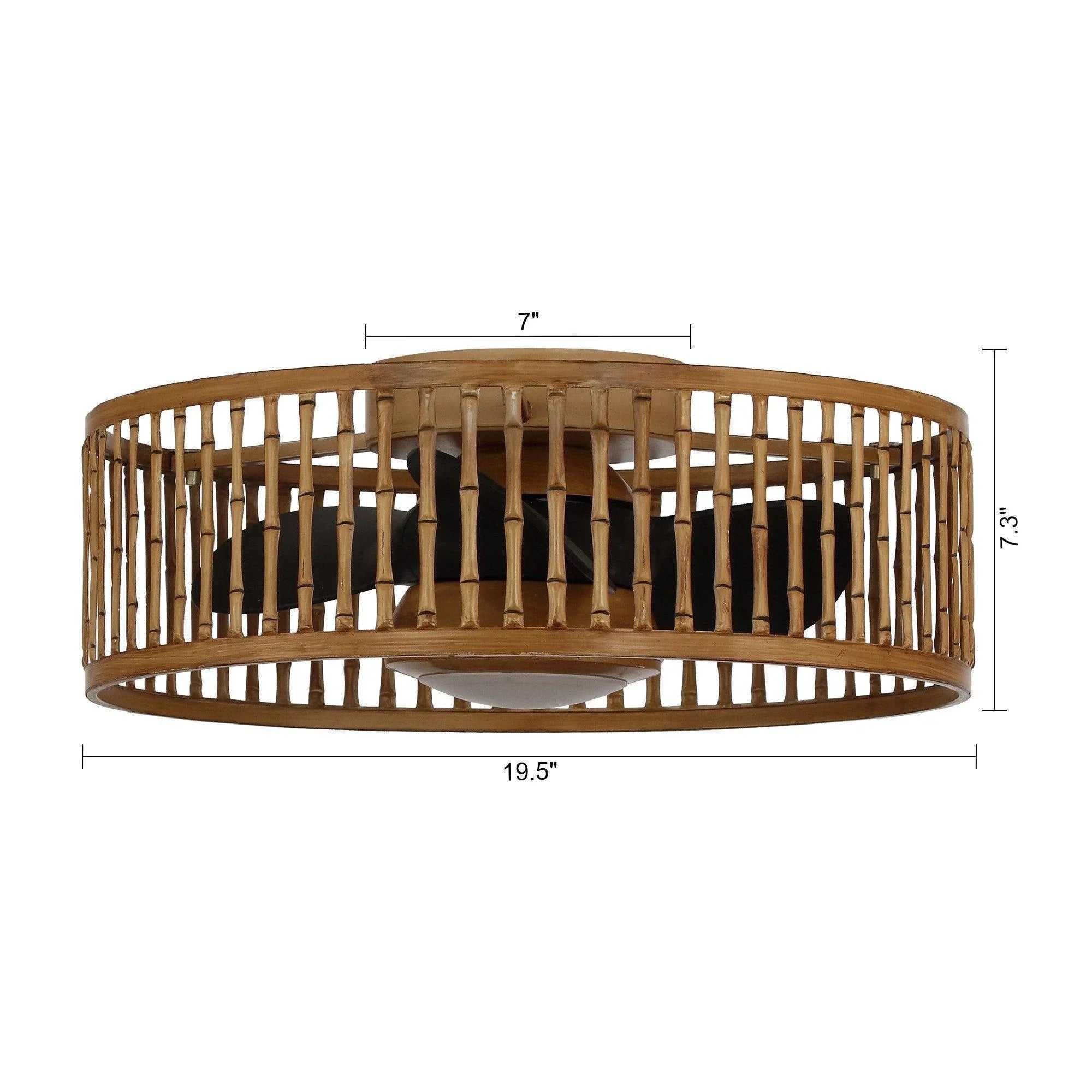Ceiling fan dimensions diagram: 19.5 in diameter and 7.3 in height