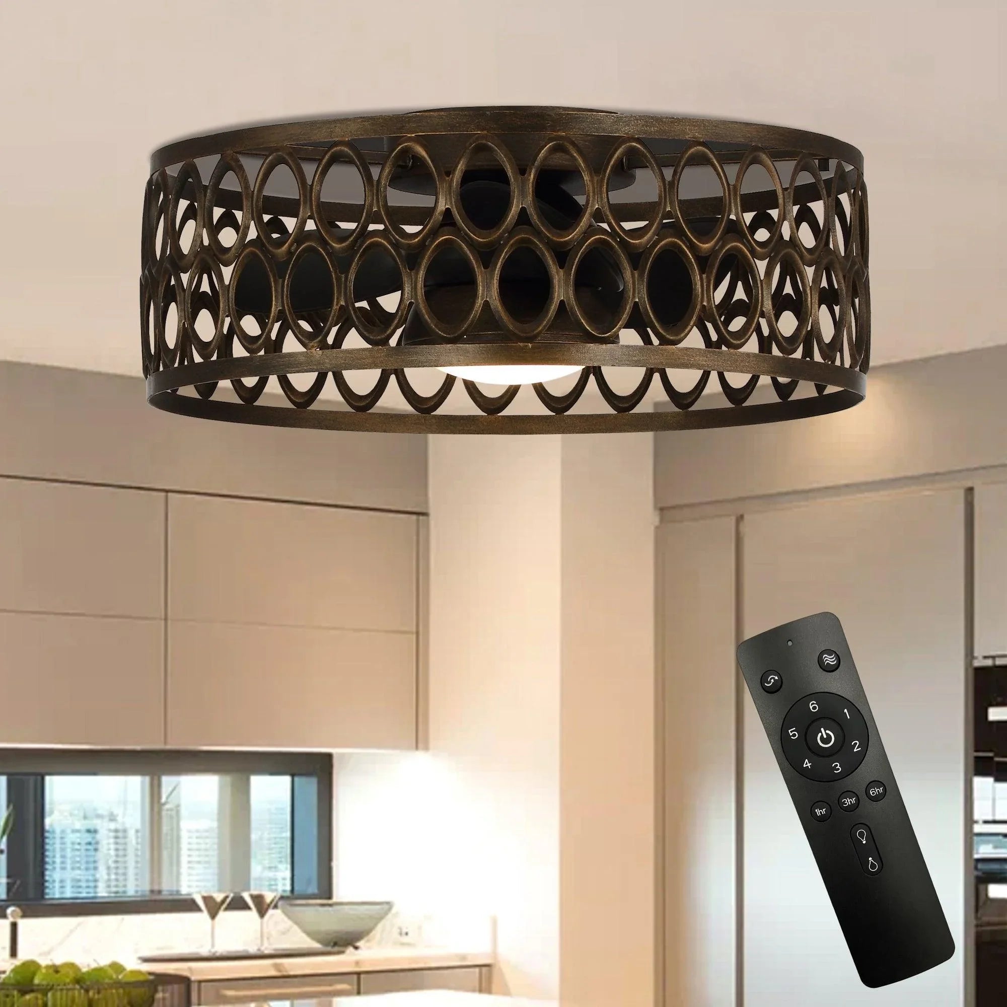 Black flush mount ceiling fan with LED light and included black remote control