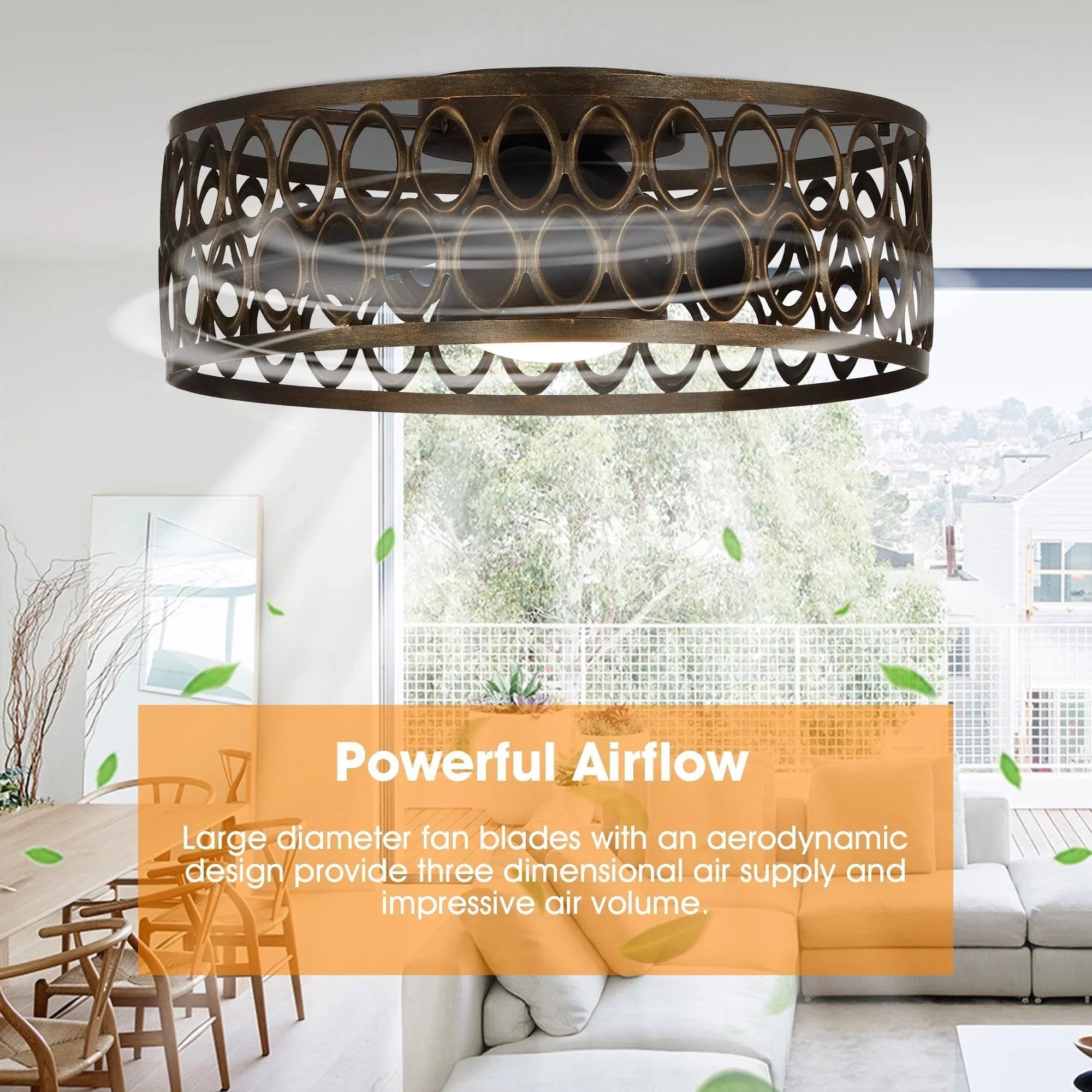Black flush mount ceiling fan with open ring lattice housing