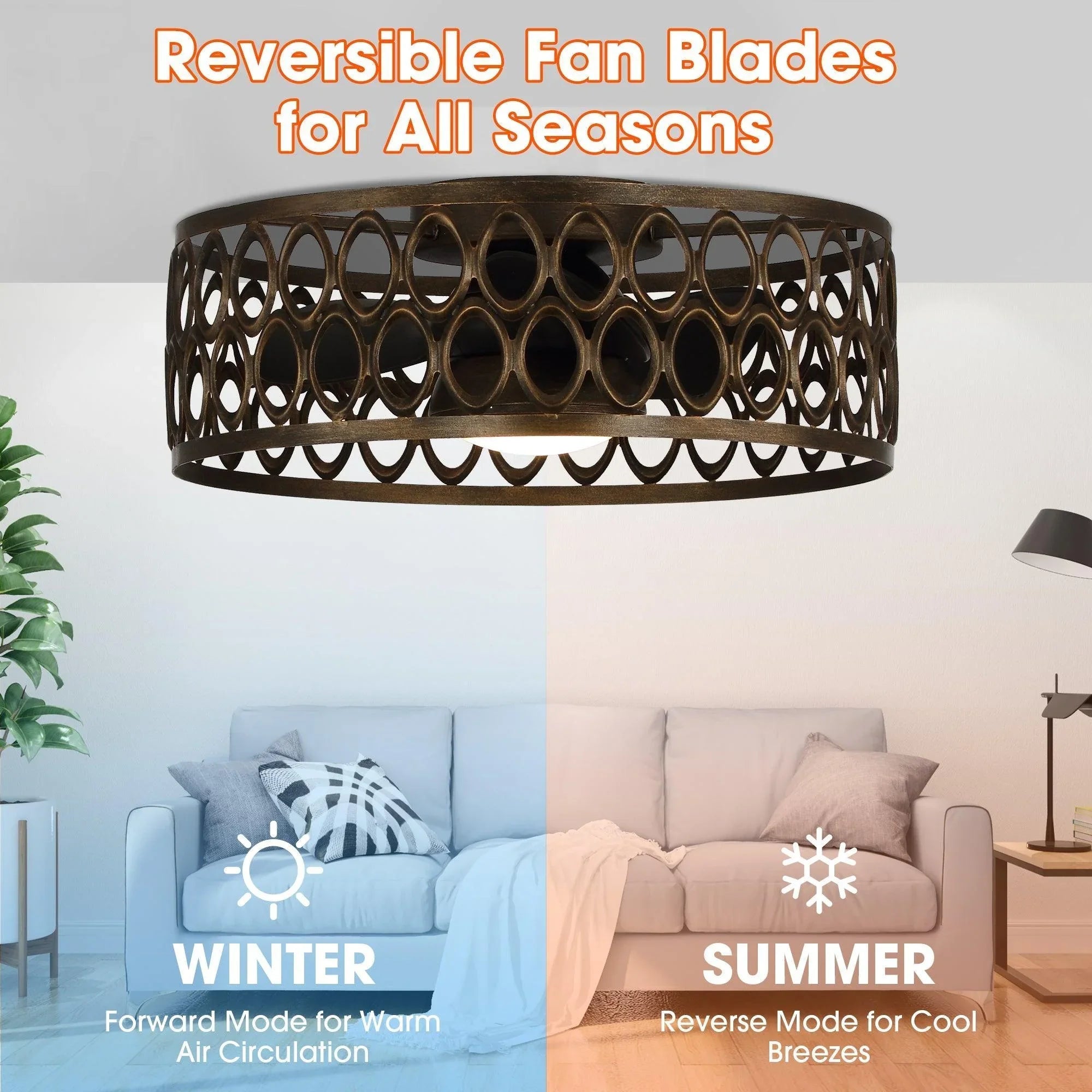Black flush mount ceiling fan with reversible-style blade housing