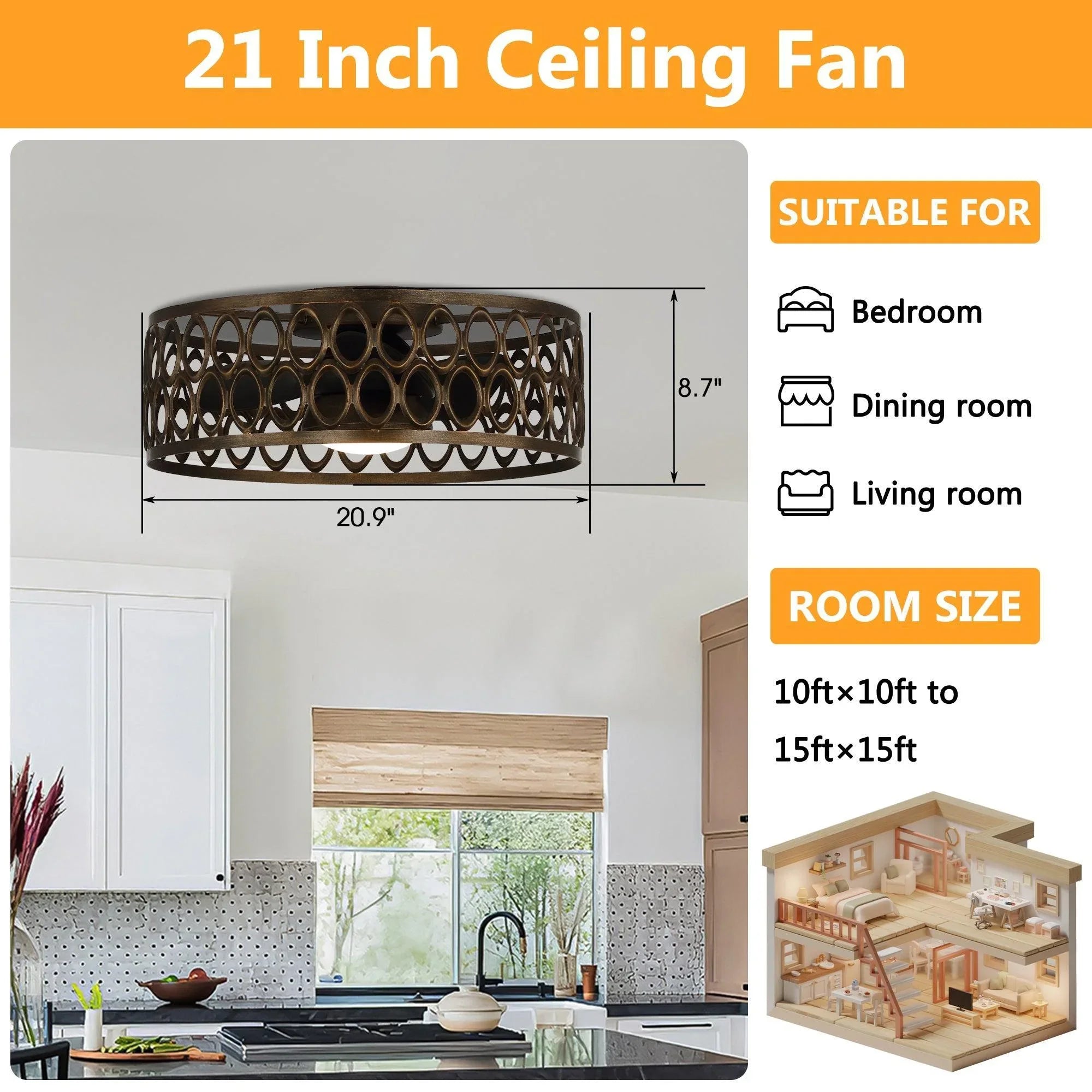Black 21-inch flush mount ceiling fan with LED light and decorative lattice shade