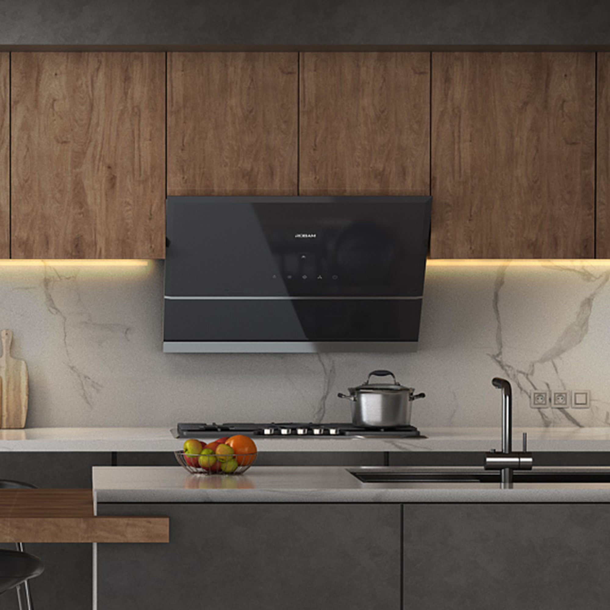 Black tempered-glass range hood above a kitchen cooktop