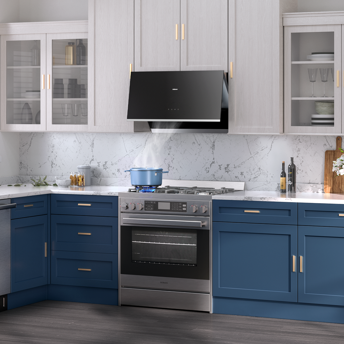 Wall-mounted black range hood above a cooktop with control panel