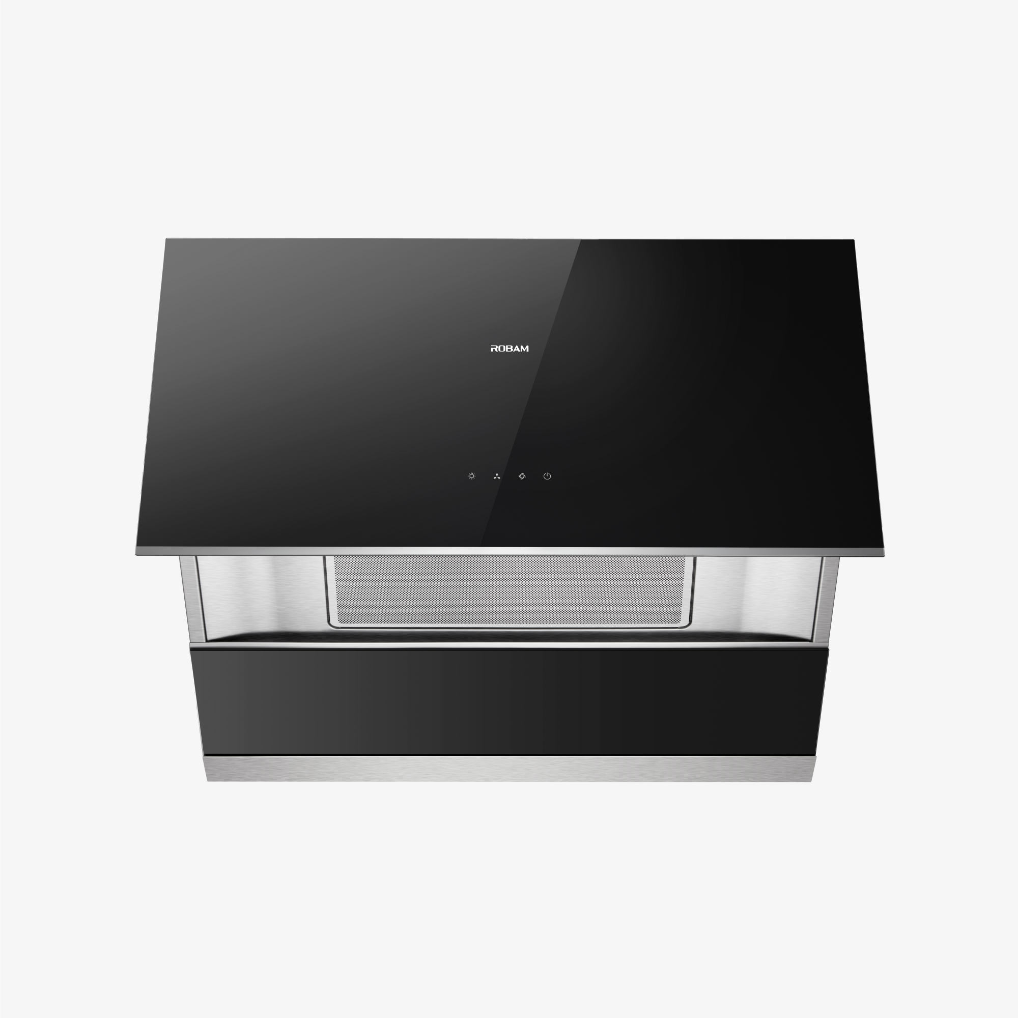 Wall-mounted ROBAM range hood with black tempered glass panel and front filter