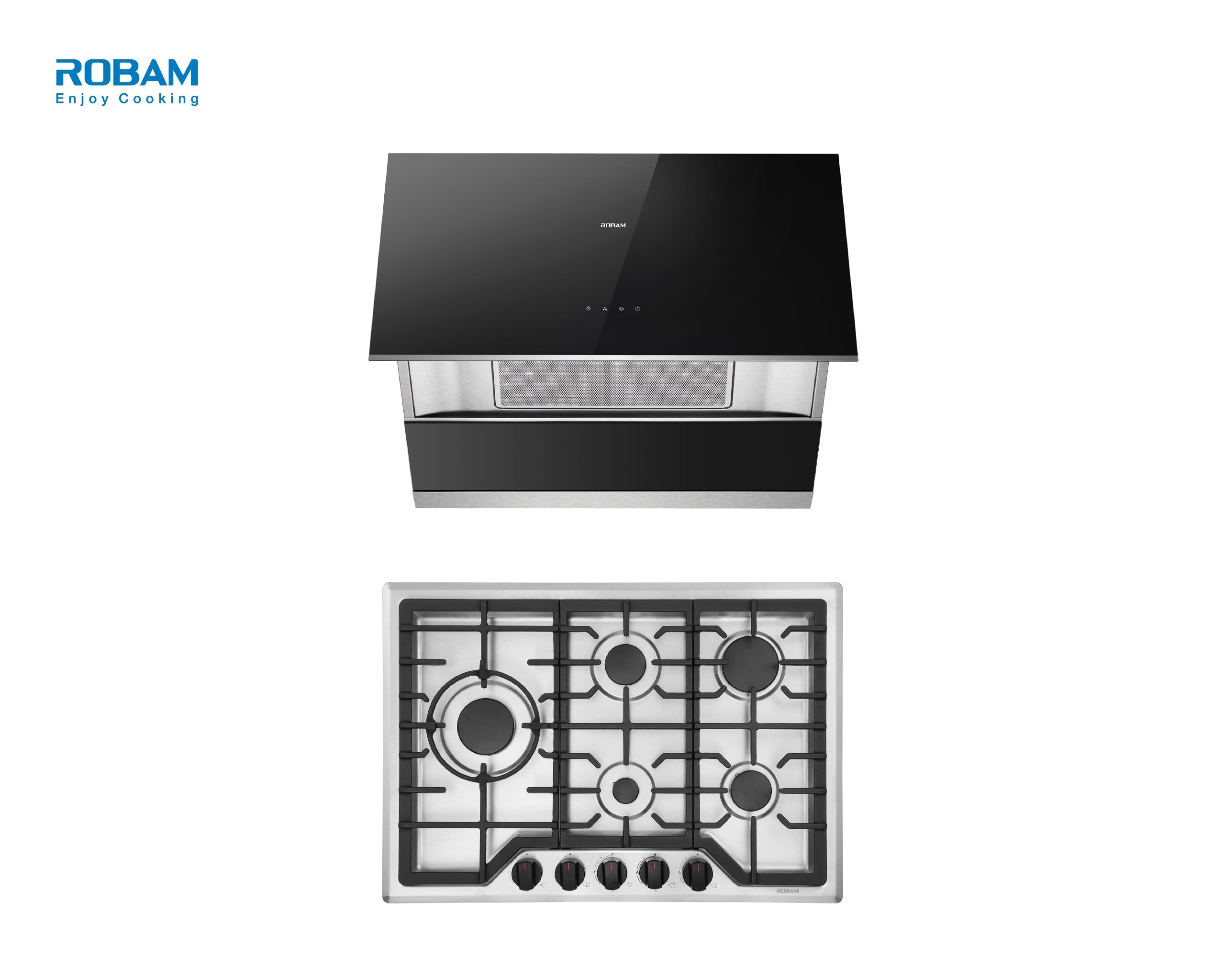 Black glass range hood and 30-inch gas cooktop with four burner grates and knobs