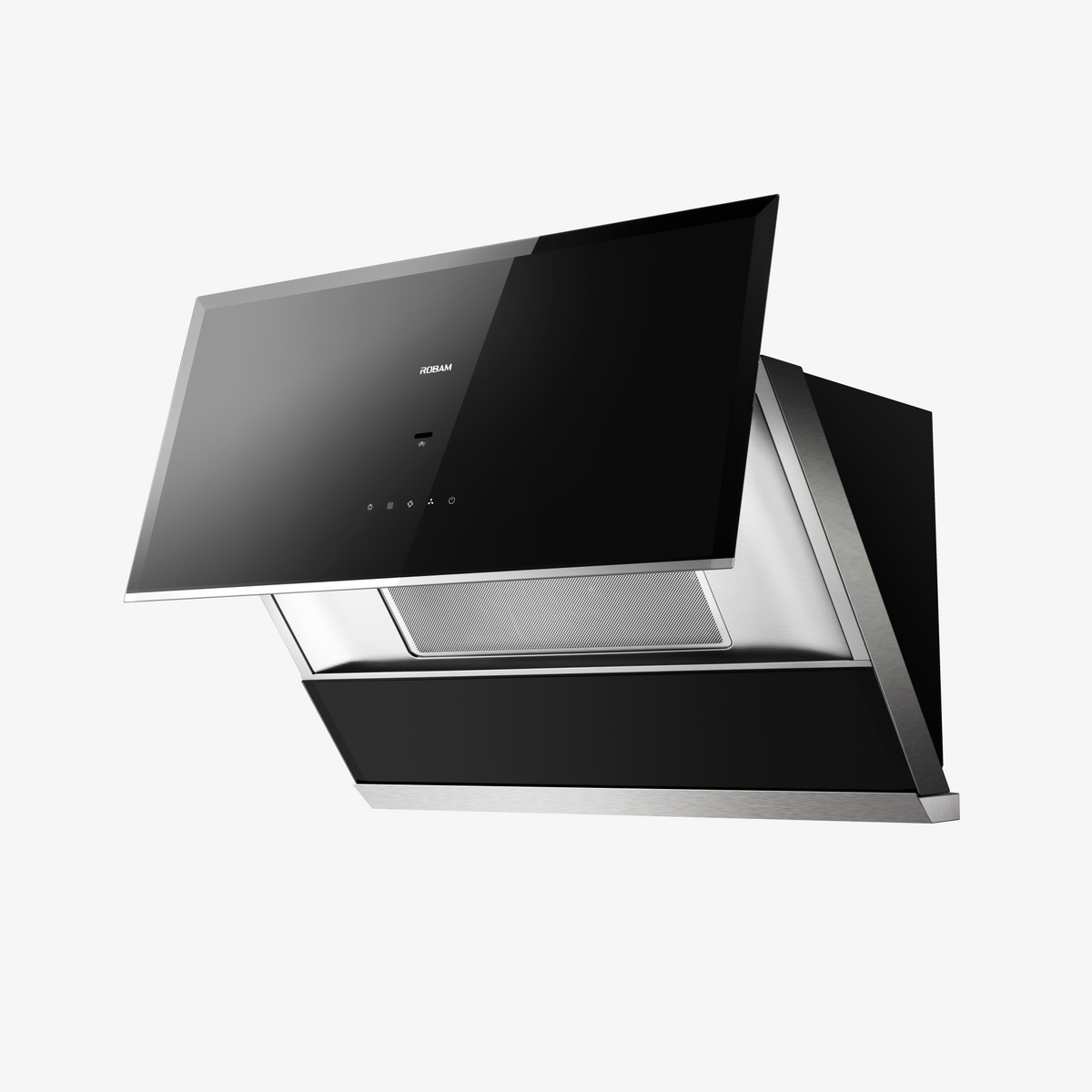 Black and silver range hood with glass canopy and angled side panel