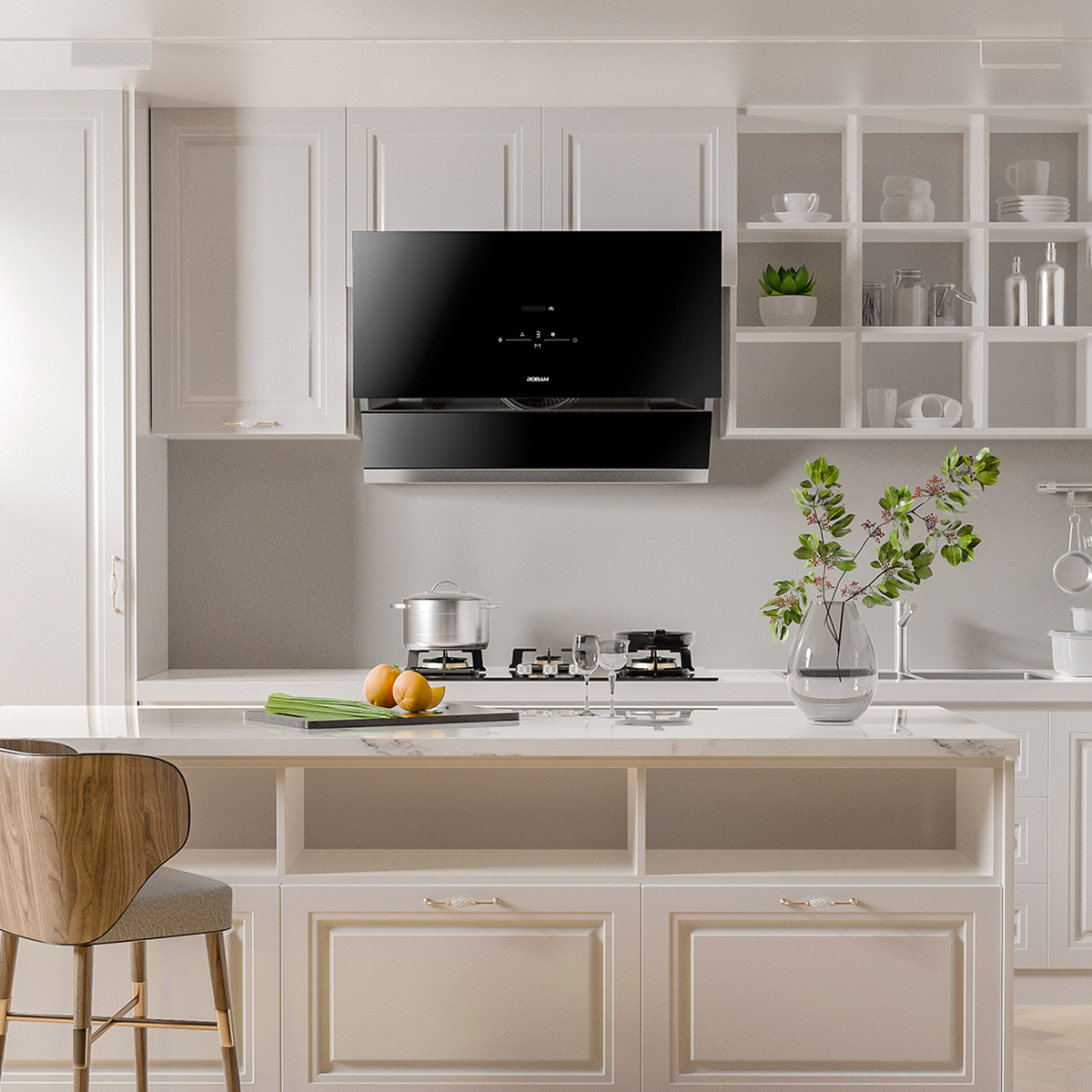 ROBAM R-MAX black tempered-glass range hood mounted above cooktop, front view