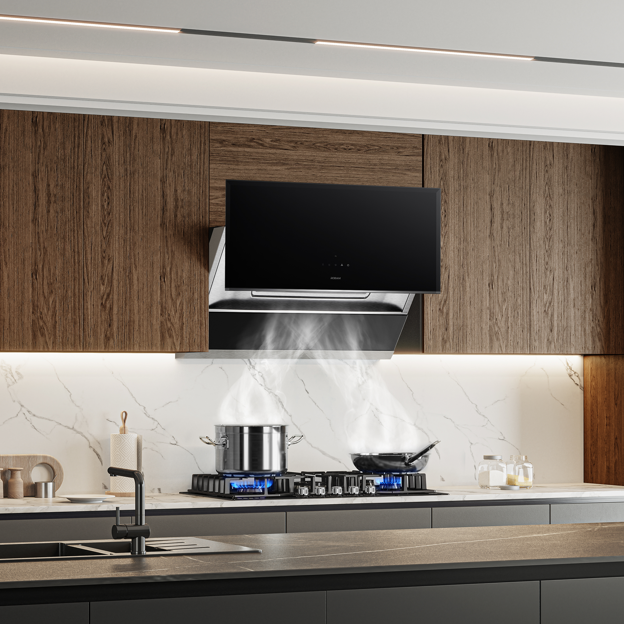 Wall-mounted black tempered glass range hood over cooktop with slim control panel