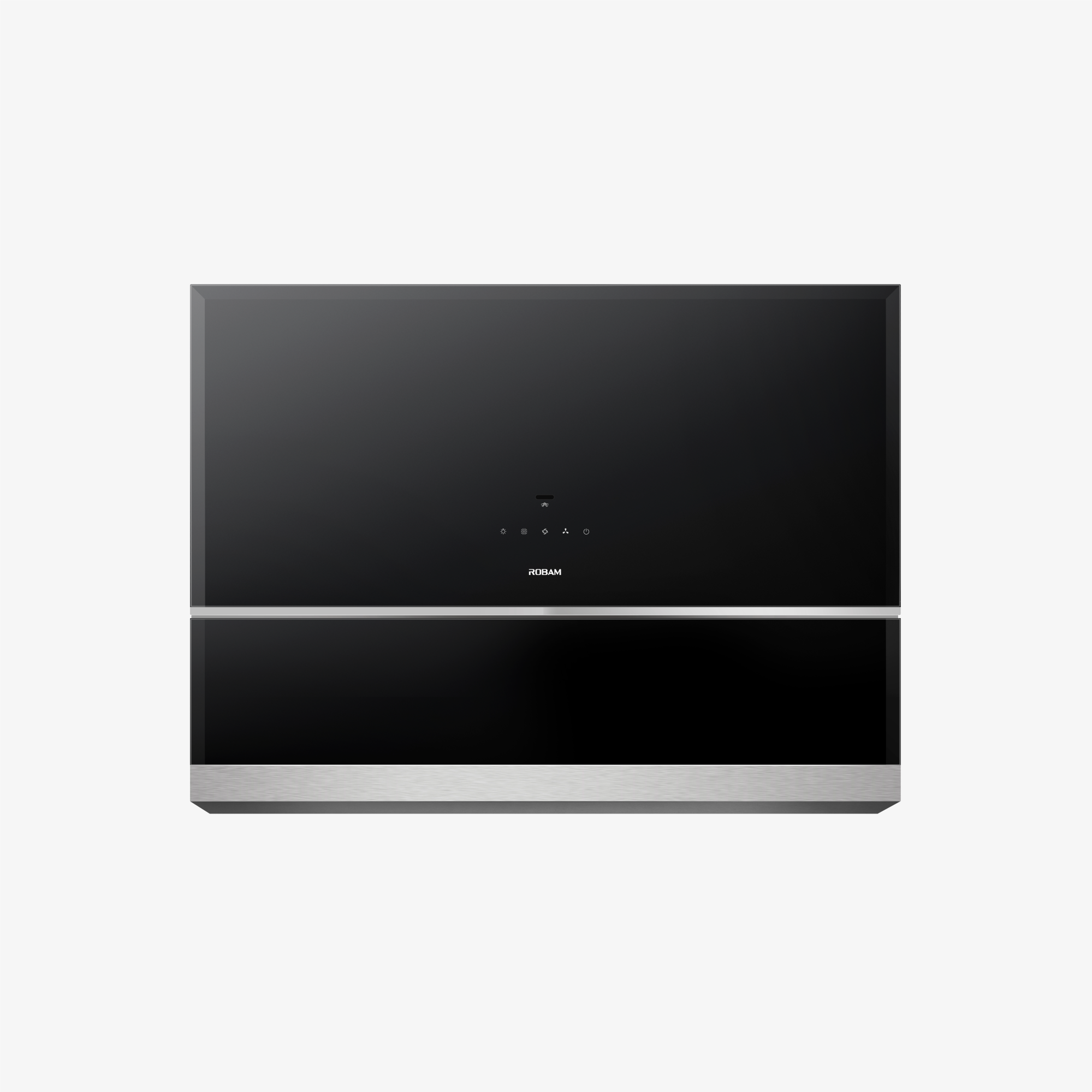 Black tempered glass range hood front panel with LED indicator and ROBAM logo