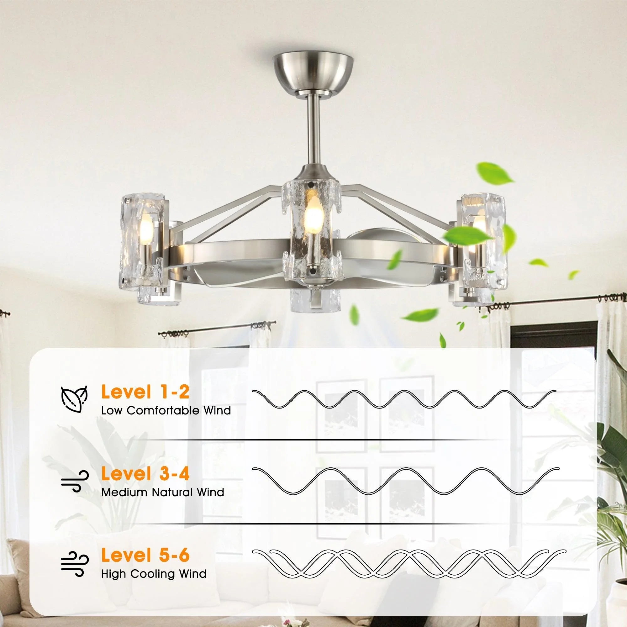 Brushed nickel ceiling fan with clear glass light shades and adjustable speed airflow levels