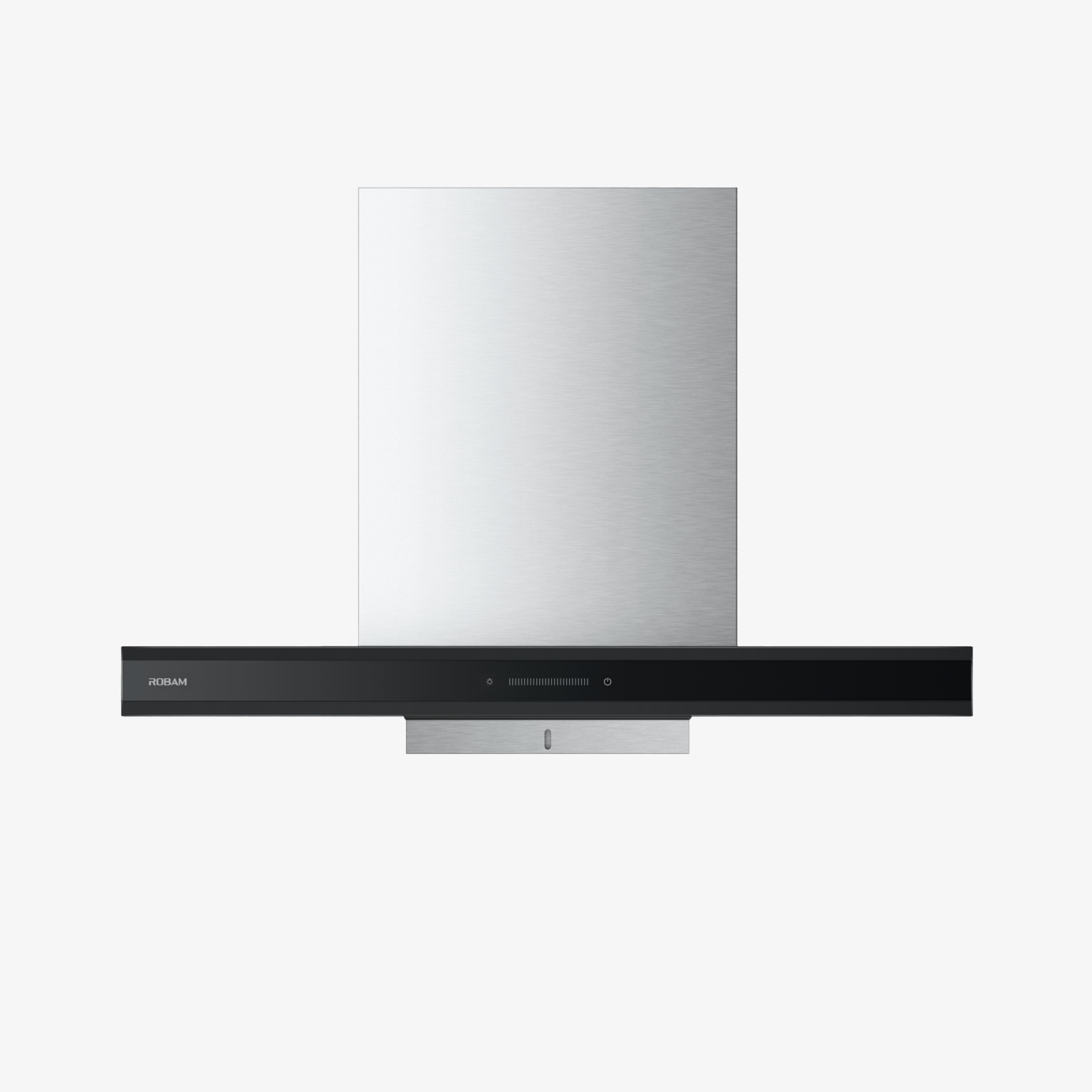 ROBAM stainless steel range hood with black canopy and vertical chimney.