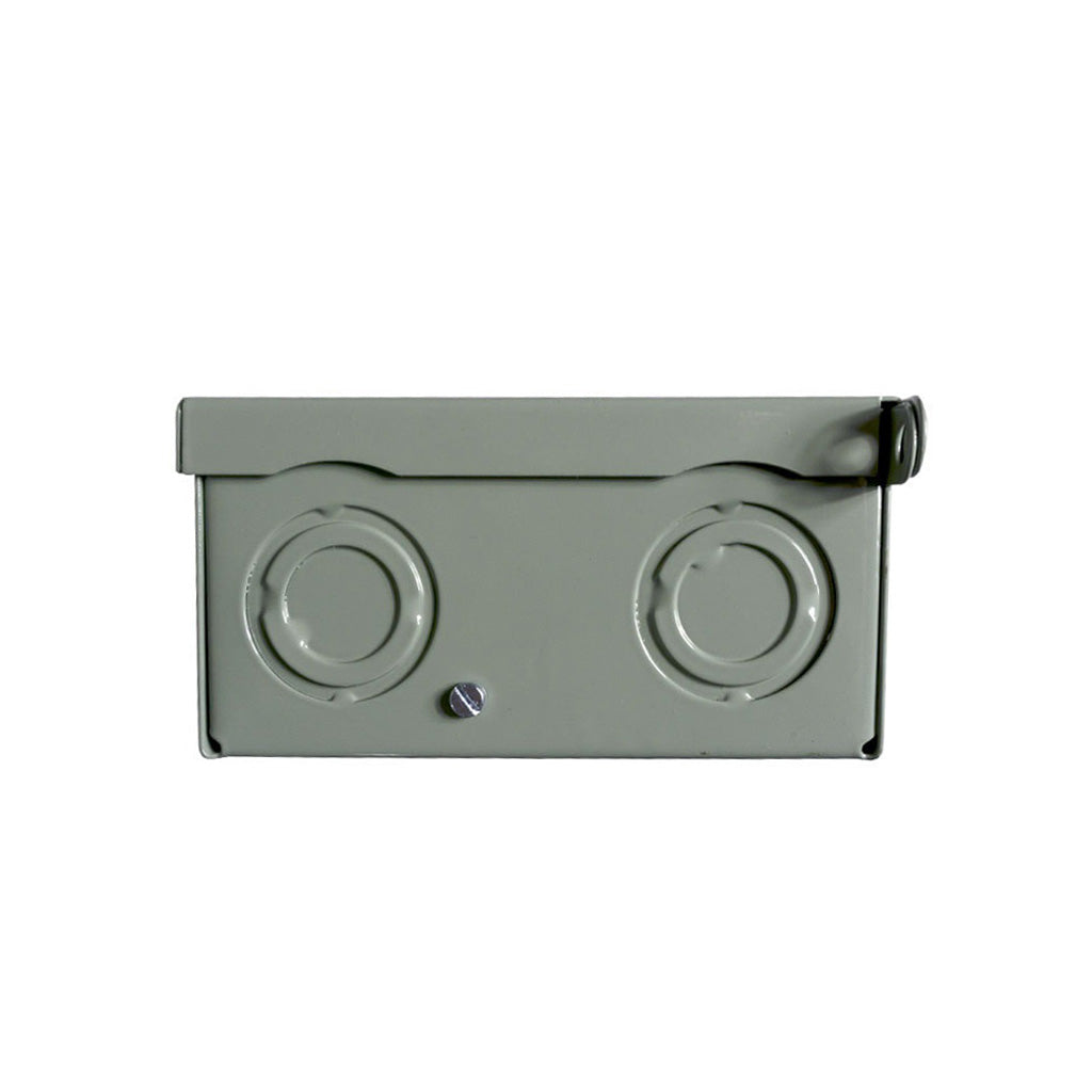 Gray AC disconnect box side view with two round knockouts and mounting tab