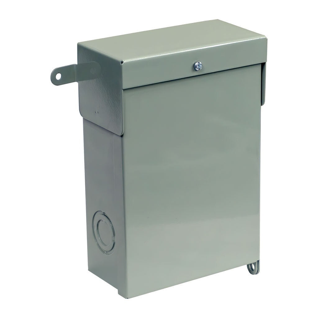 Wall-mount metal AC disconnect box with hinged cover, gray finish