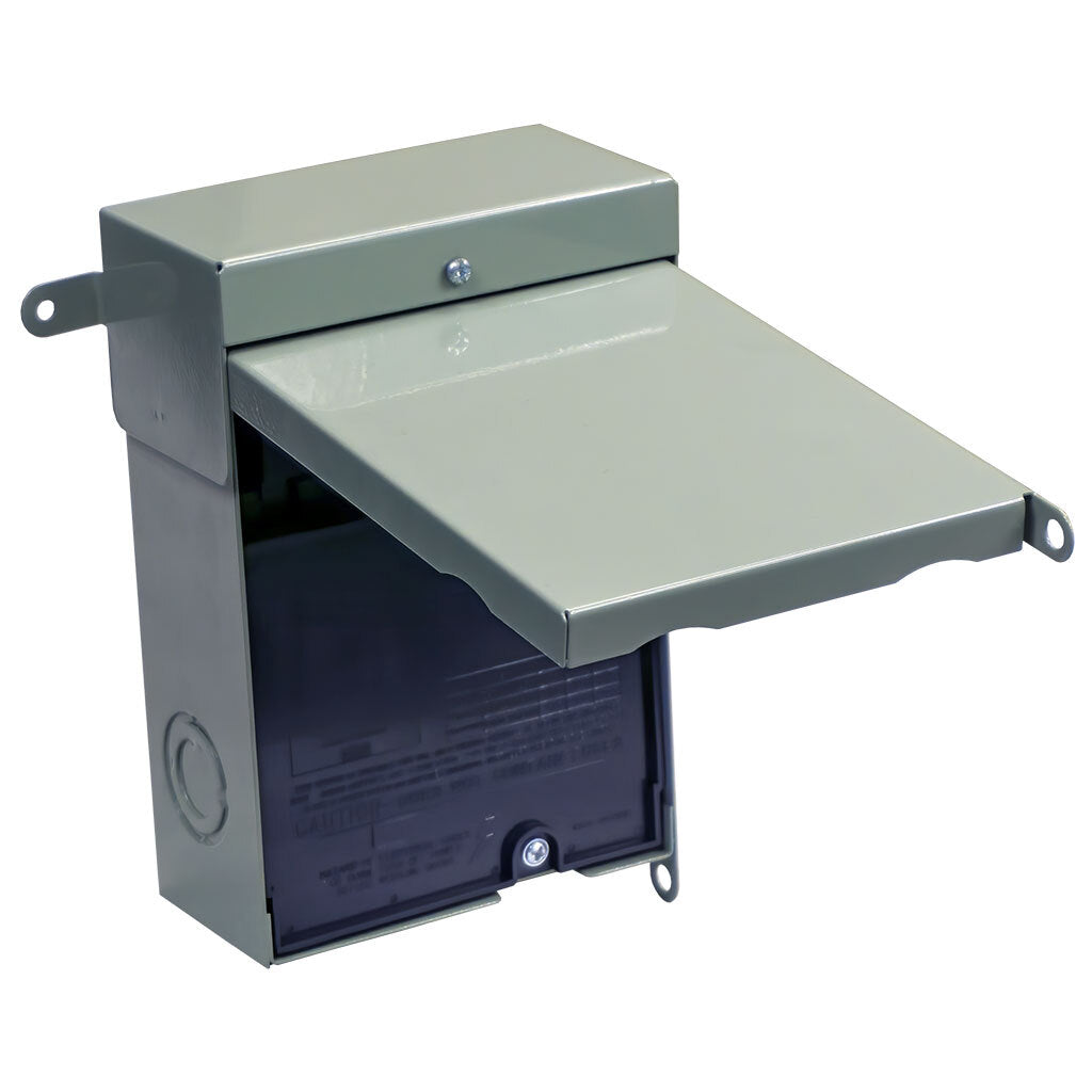 Gray AC disconnect box with open hinged cover showing dark interior panel