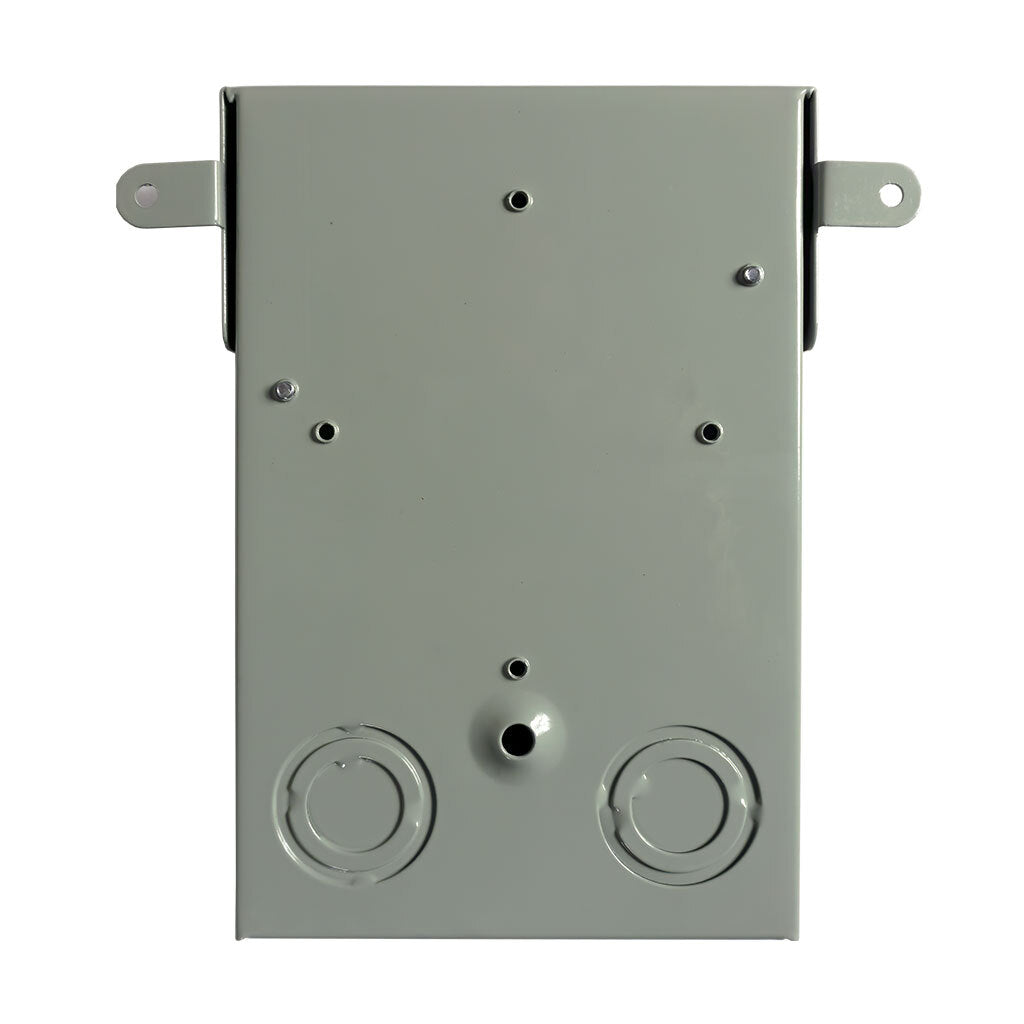 Gray AC disconnect box front view with two circular ports and mounting holes