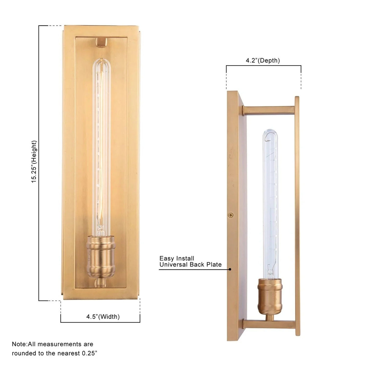 Golden wall sconce with clear glass tube bulb; includes universal backplate design