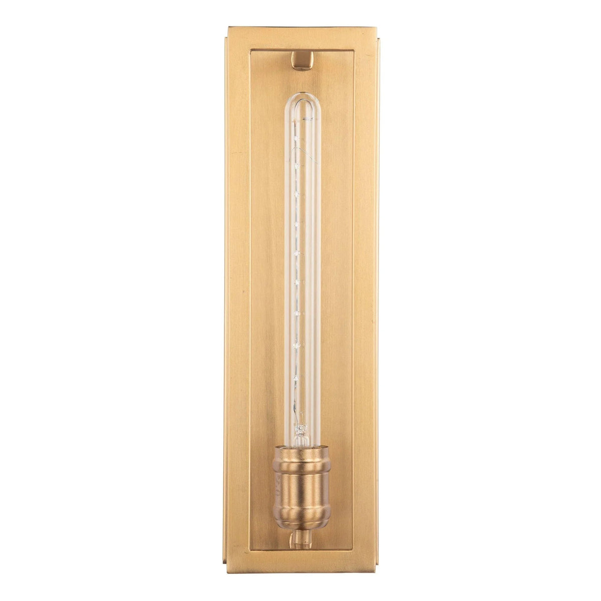 Golden rectangular wall sconce with clear glass tube bulb centered in the frame