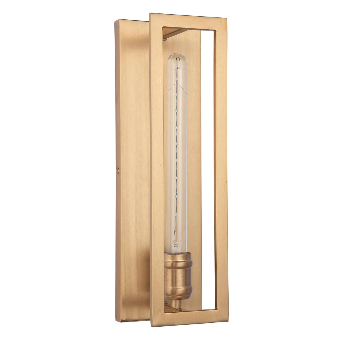 Golden decorative wall sconce with rectangular frame and clear tubular glass bulb