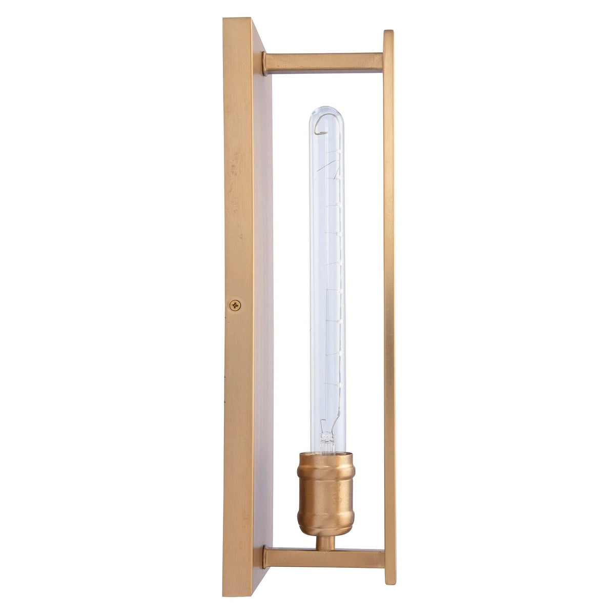 Golden vertical wall sconce with clear tubular glass bulb and metal lantern-style holder
