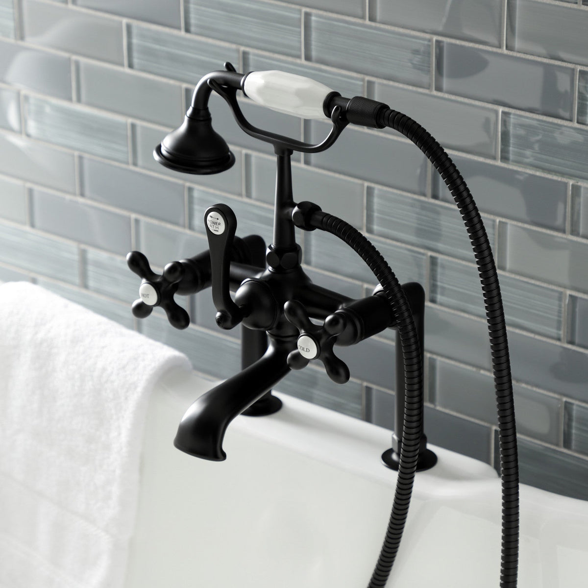 Aqua Vintage 7" Center Deck-Mount Clawfoot Tub Faucet with Hand Shower in Matte Black