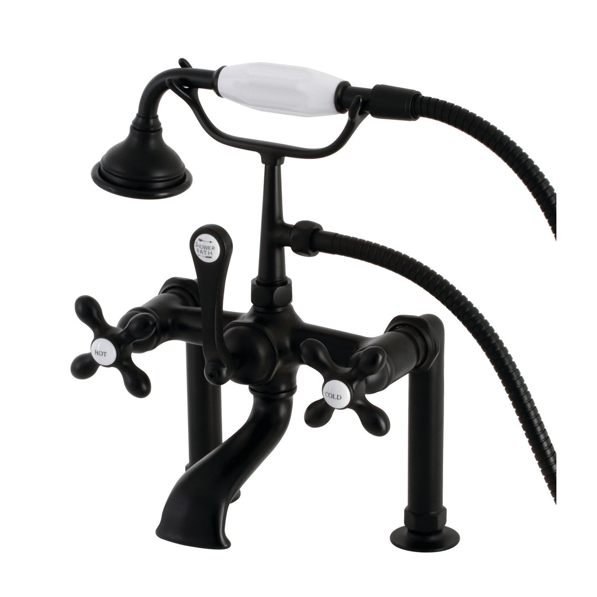Aqua Vintage 7" Center Deck-Mount Clawfoot Tub Faucet with Hand Shower in Matte Black