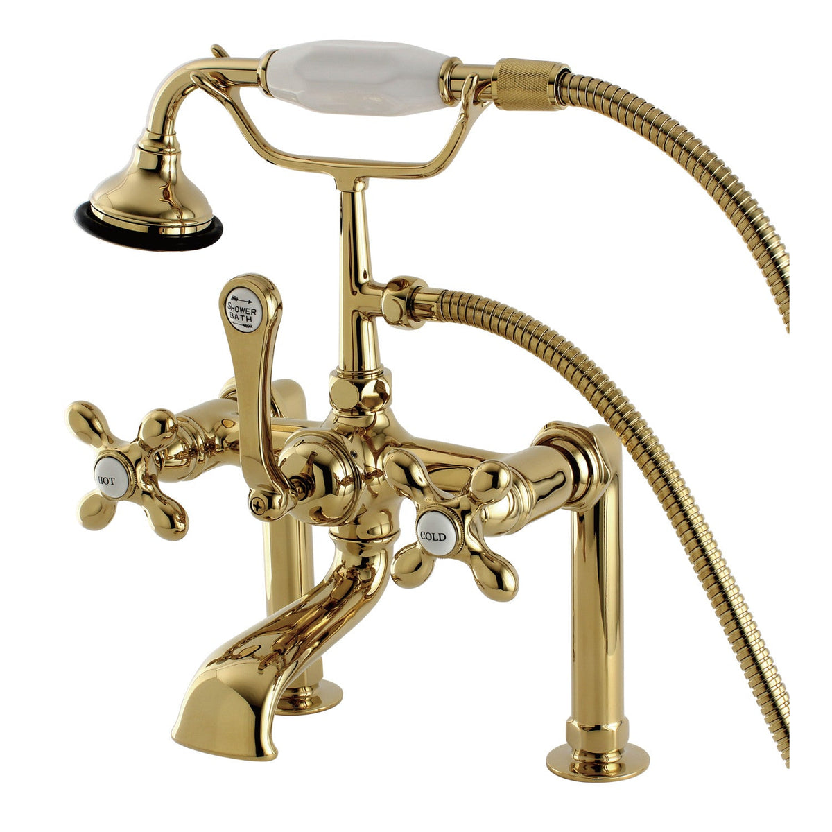 Aqua Vintage 7" Center Deck-Mount Clawfoot Tub Faucet with Hand Shower in Polished Brass