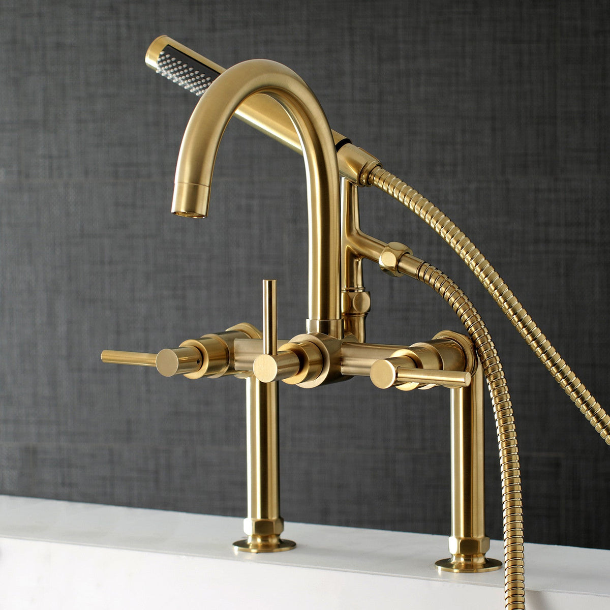 Aqua Vintage Concord 7" Center Deck-Mount Clawfoot Tub Faucet with Hand Shower in Brushed Brass