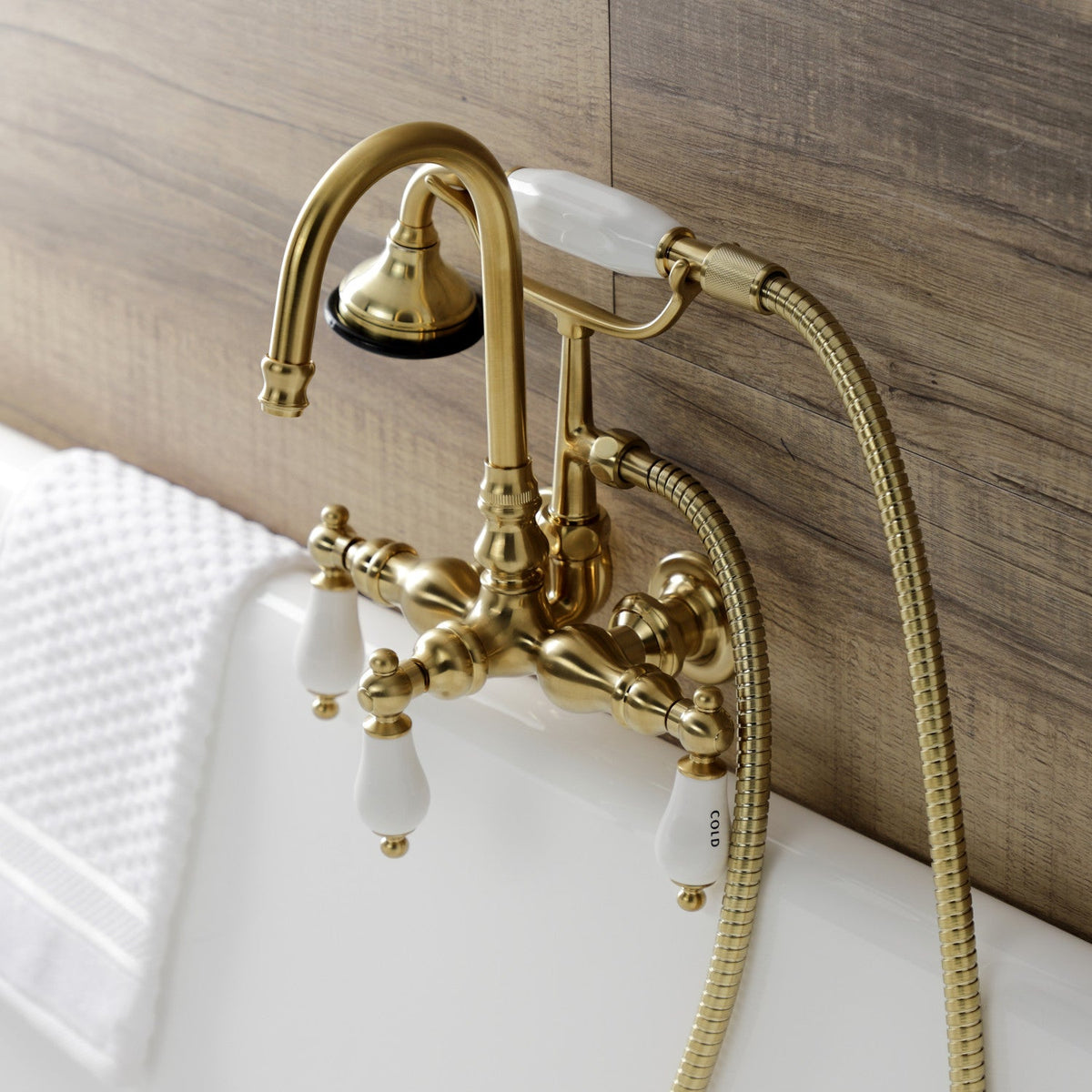 Aqua Vintage Wall Mount Clawfoot Tub Faucet in Brushed Brass