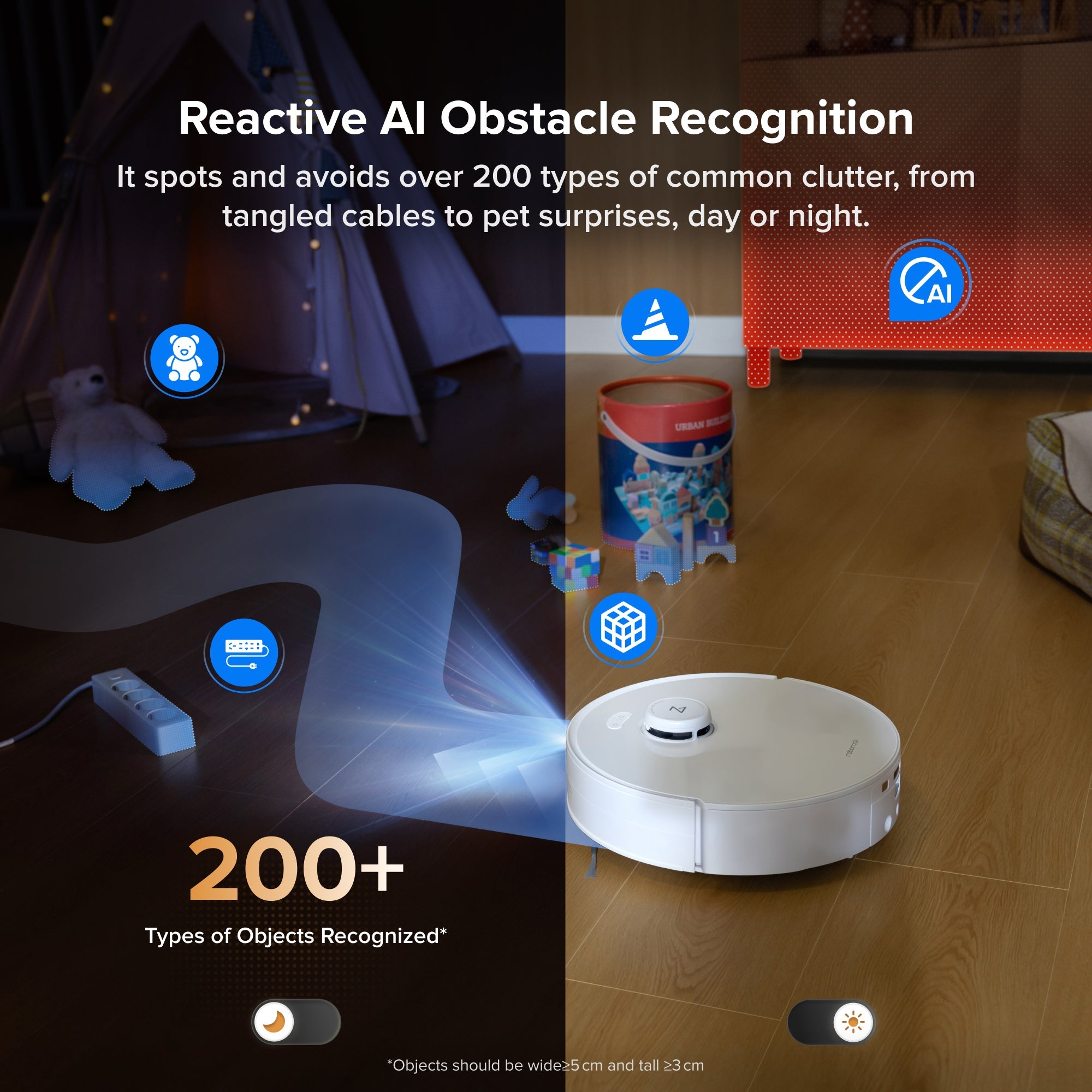 White Roborock robot vacuum moving near household clutter with obstacle sensors